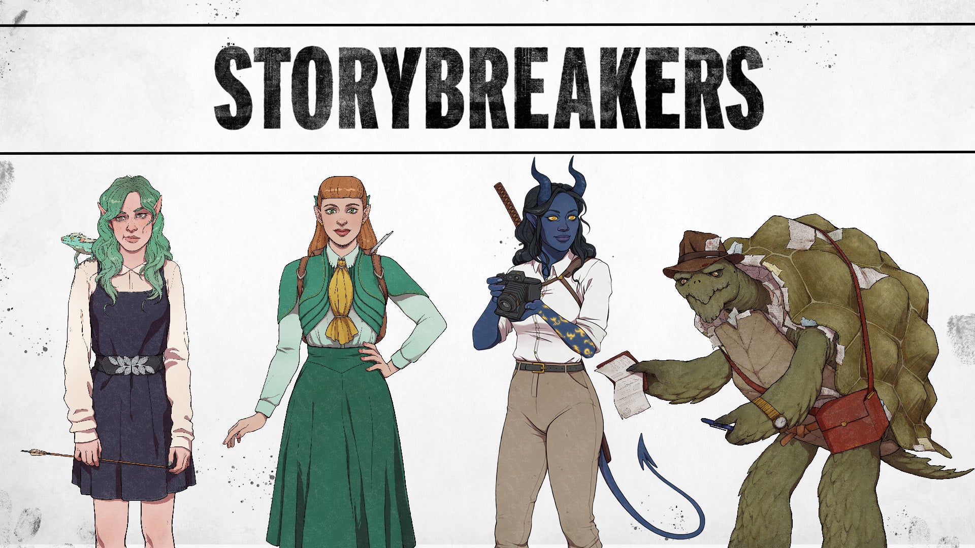 The four Storybreakers characters stand below the Storybreakers logo