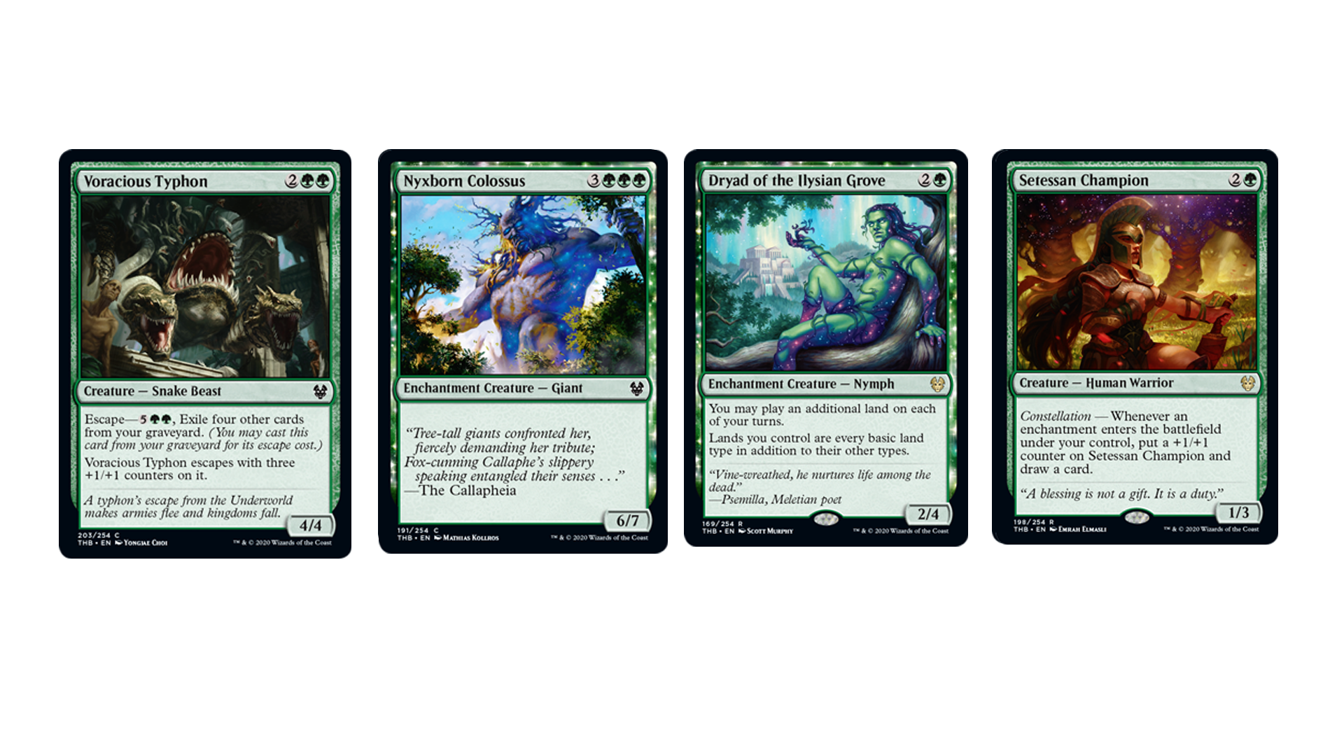 Magic: The Gathering - Theros: Beyond Death's Green cards, including Voracious Typhoon, Nyxborn Colossus, Dryad of the Ilysian Grove and Setessan Champion