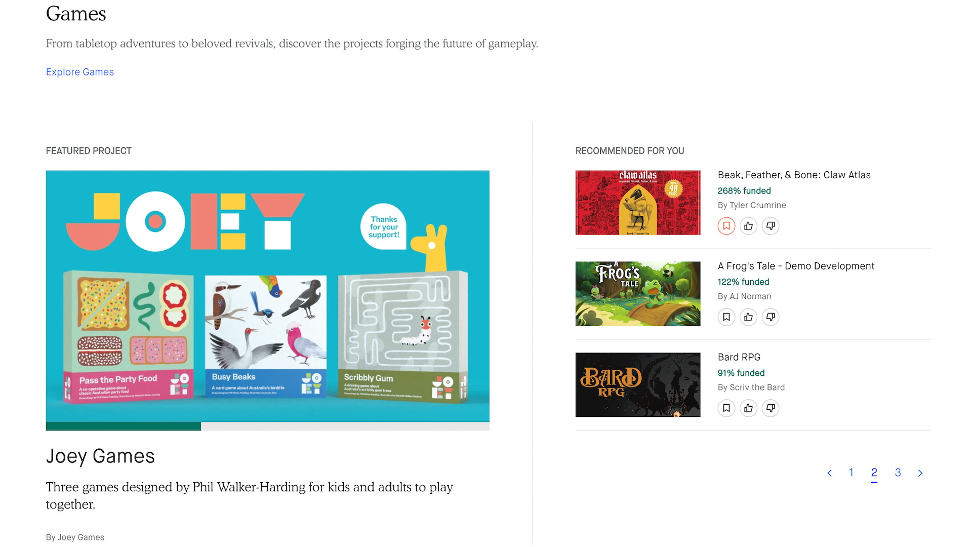 Kickstarter's Game homepage currently displays one featured project along with a smattering of user-specific selections.