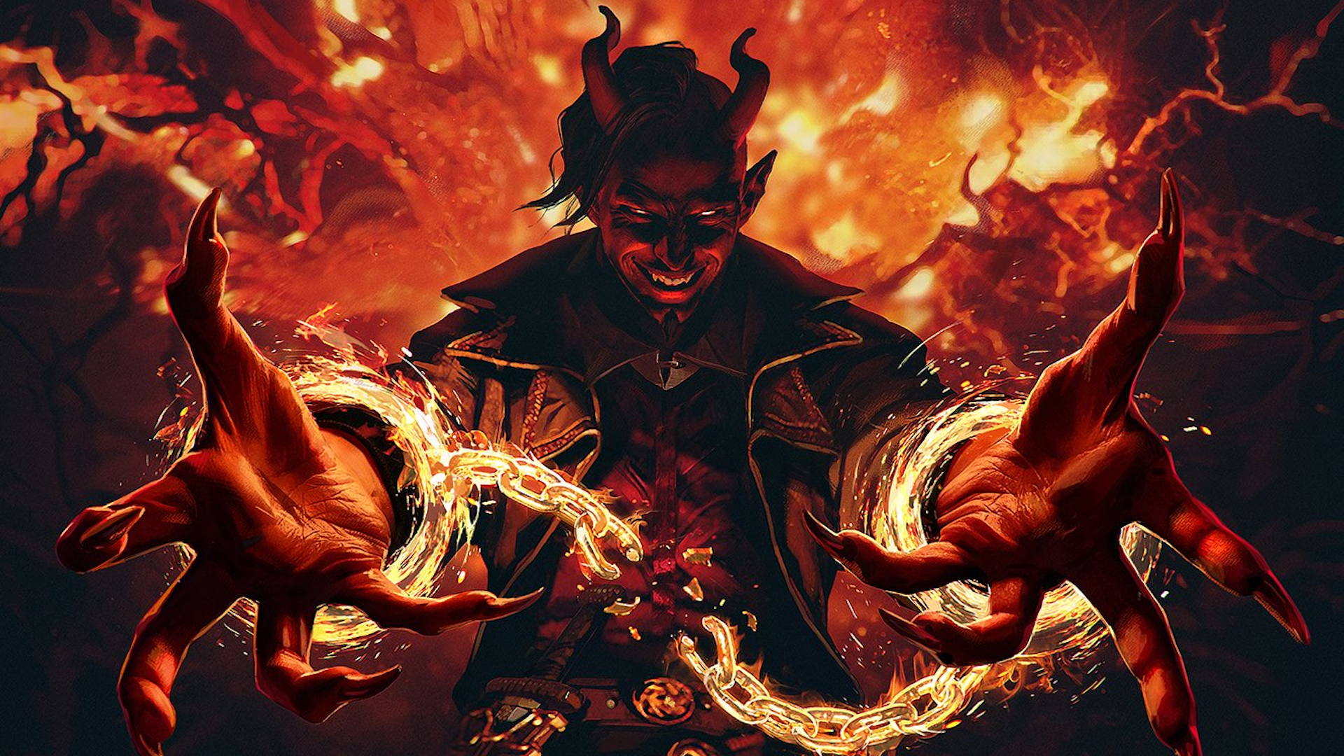 Card art for Tibalt's Trickery from Kaldheim. The planeswalker Tibalt stands in front of a fiery background as he burns a pair of manacles off of his wrists, smiling wickedly.