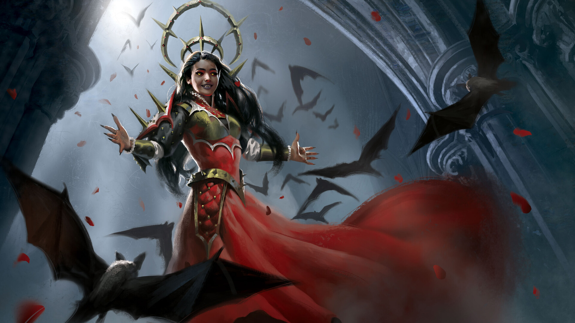 Card art for Magic: The Gathering's Welcoming Vampire from Innistrad: Crimson Vow. A woman vampire in a flowing red dress hold out her arms to a swarm of bats as she hovers in the night sky.