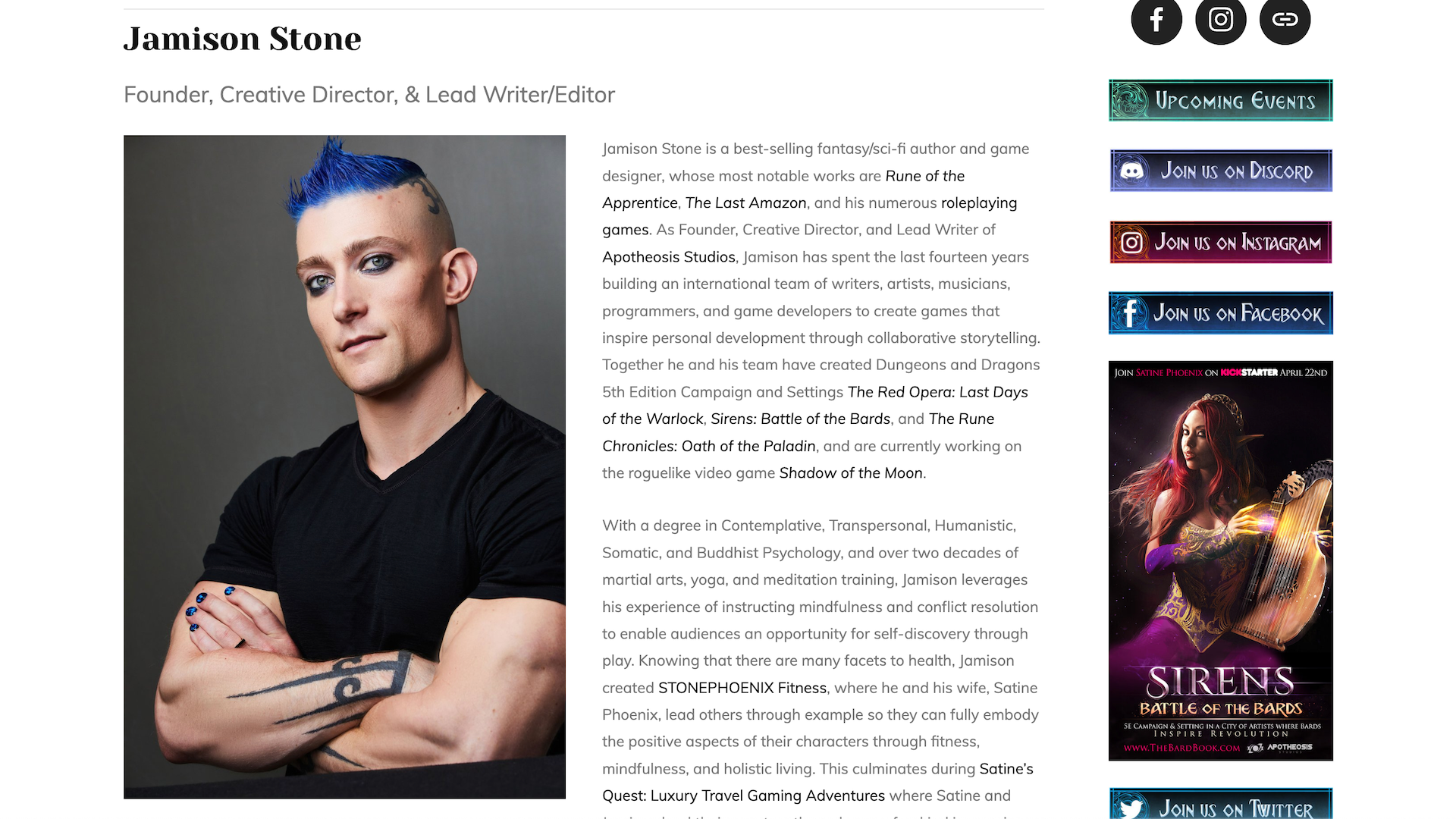 A screenshot of Apotheosis Studio's website taken on June 29th and showing Jamison Stone added back to the Team Bios page.