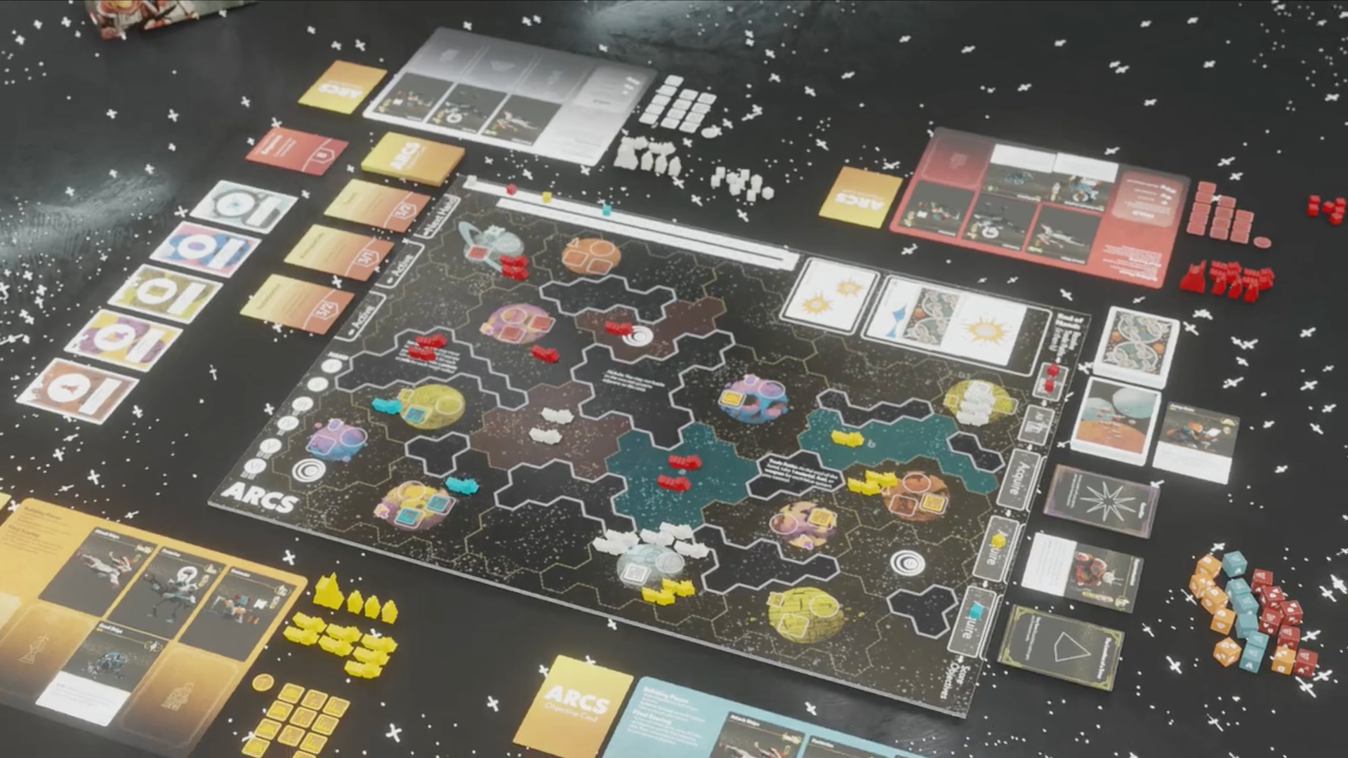 A digital recreation of the table during a session of Arcs, the newest title from Leder Games. The competitive science fiction board game is now crowdfunding on Kickstarter.