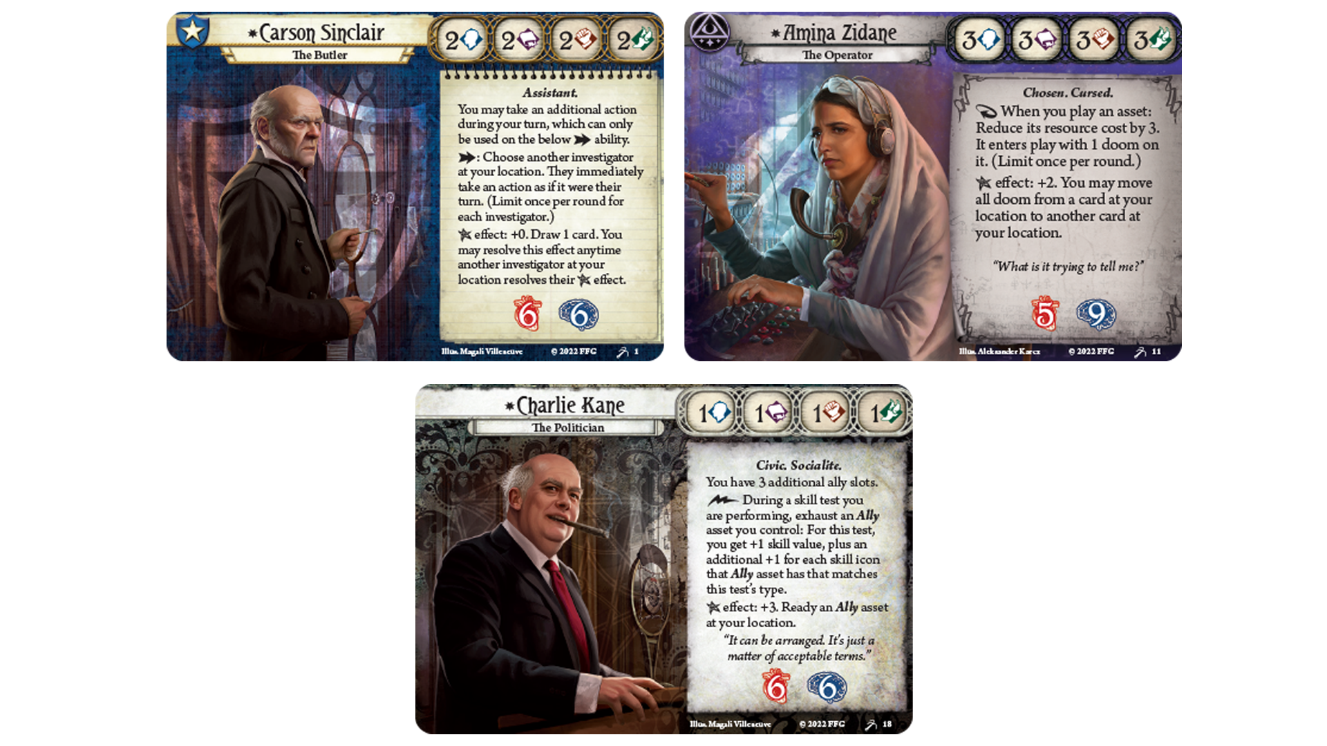 Images of investigators for The Scarlet Keys expansion for Arkham Horror: The Card Game
