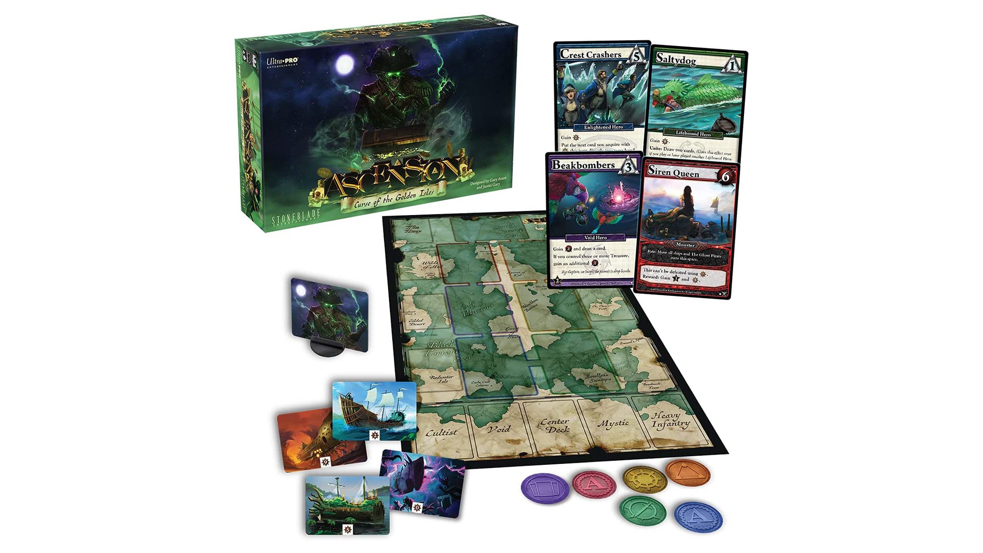 An image of the components for Ascension: Curse of the Golden Islands.