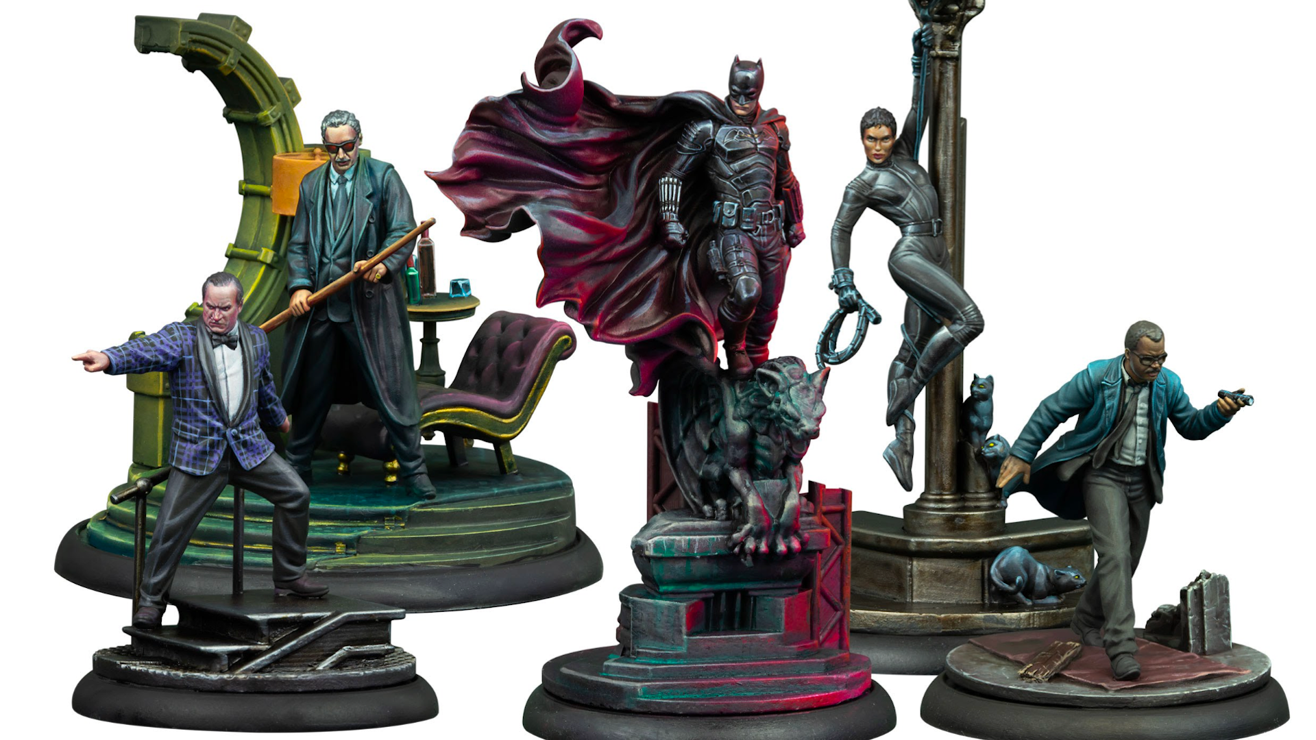 A display of painted miniatures from the Batman Miniature Game, including The Penguin, Carmine Falcone, Batman, Catwoman and Commissioner Jim Gordon. Specifically, the minis use the version from new film, The Batman.