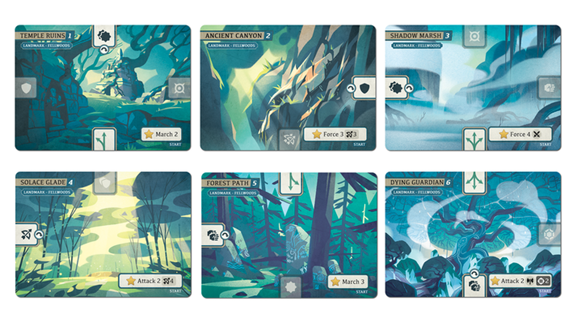 An image of the location cards for the Fellwood map for Battlecrest.
