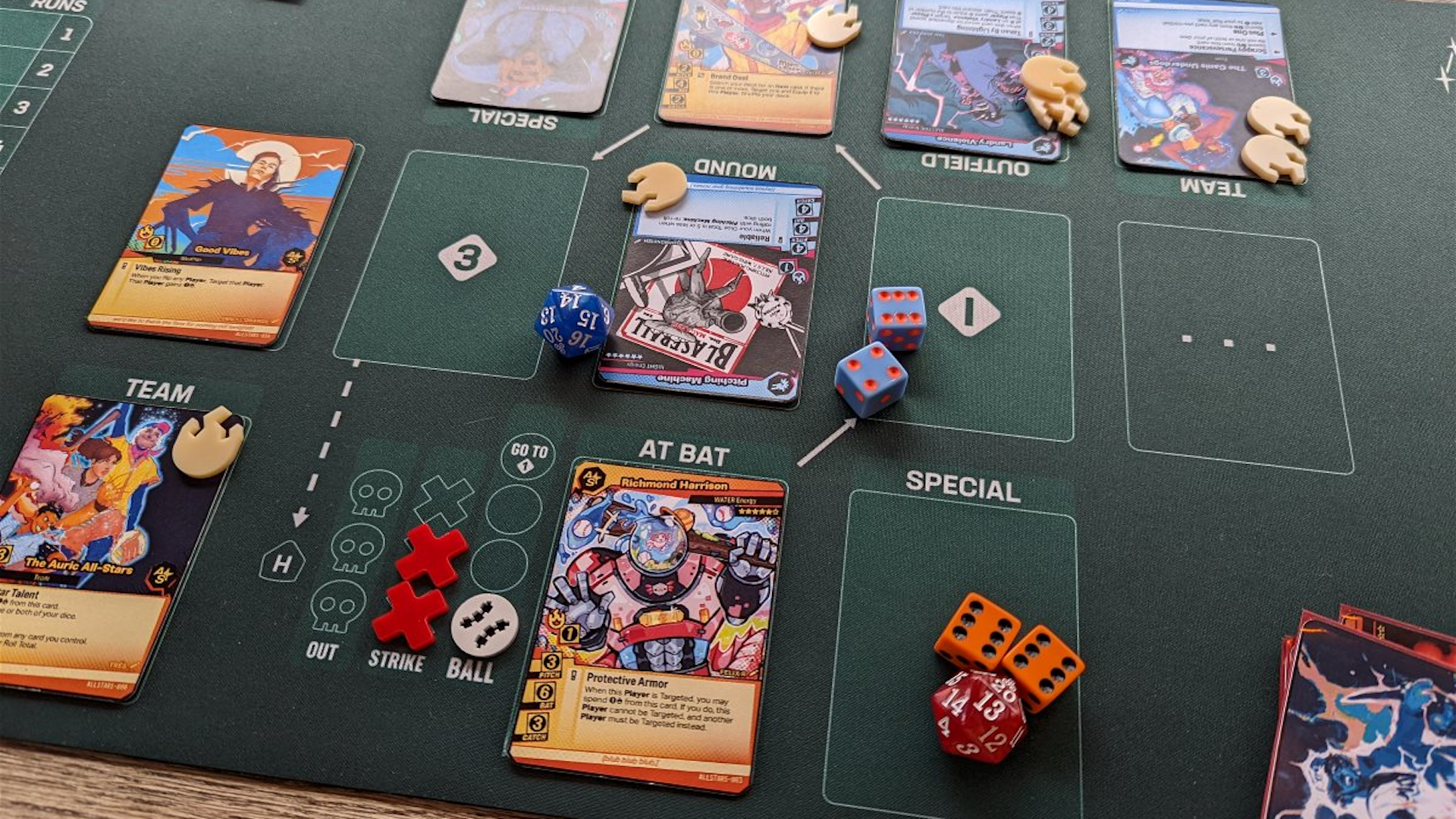 The field during a match of Blaseball: The Card Game will have players from both team fielding athletes, weird abilities and impossible weather.