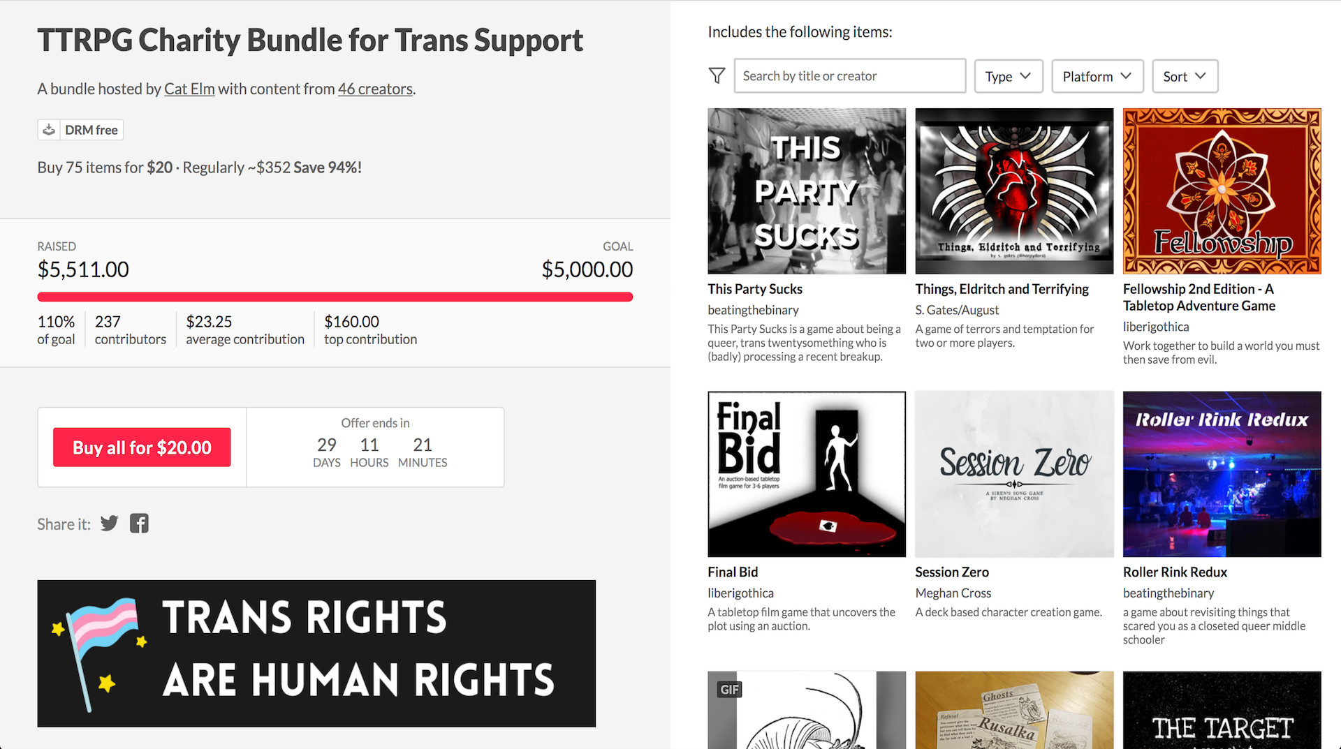 Image for Tabletop RPG Charity Bundle for Trans Support packages 75 games for $20