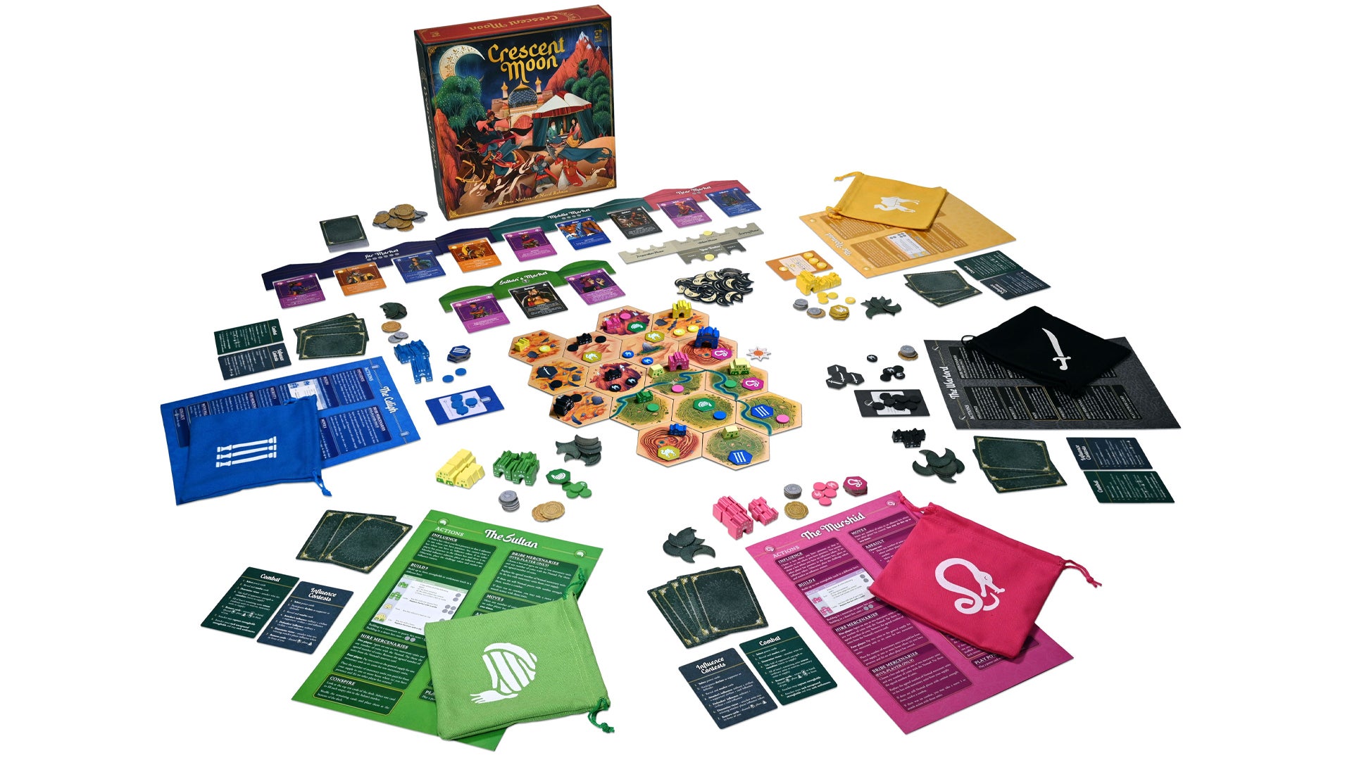 The contents of board game Crescent Moon, including cards, tiles and bags, laid out on a table next to its box