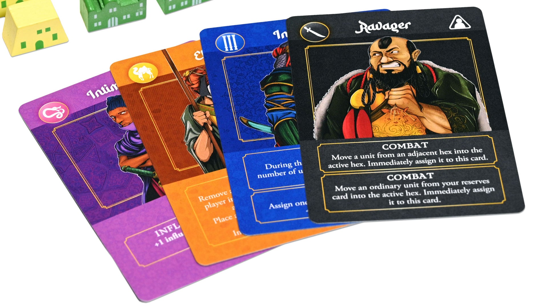 A spread of four power cards from board game Crescent Moon
