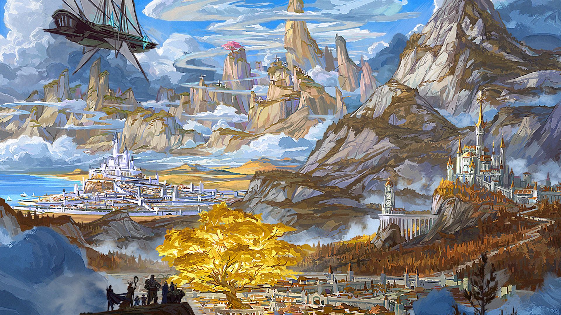 A group of heroes look over a picturesque landscape of mountains, cities and a massive golden tree. This is the artwork for Welcome to Tal'dorei, the first record from Critical Role's new record label Scanlan Shorthalt Music.