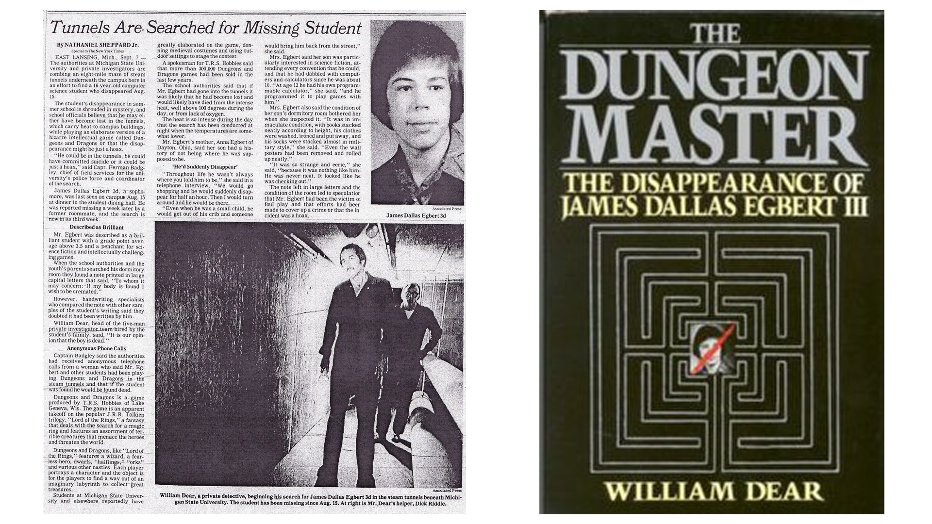 Images of a newspaper clipping for Dallas Egbert's disappearance and the front cover of the Dungeon Master book