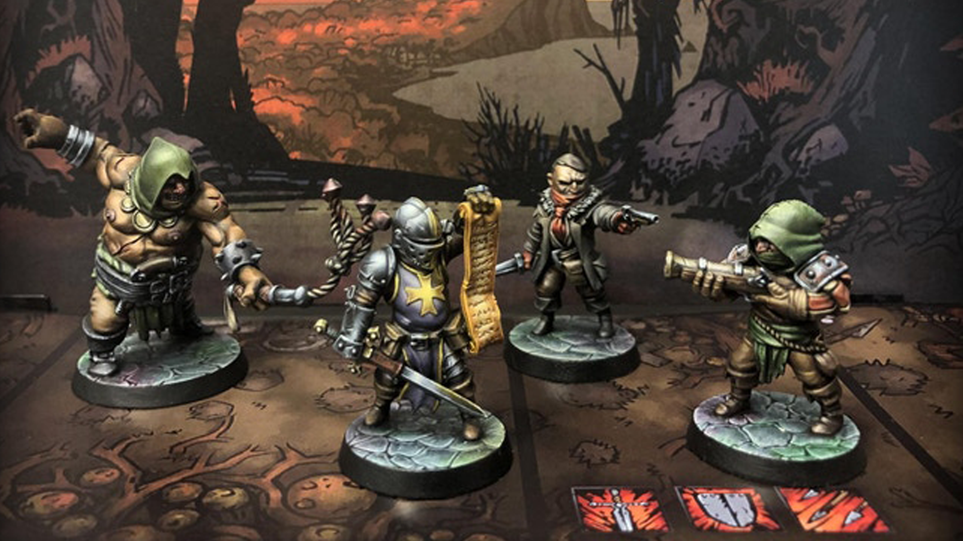 A close-up image of miniatures for Darkest Dungeon: The Board Game.