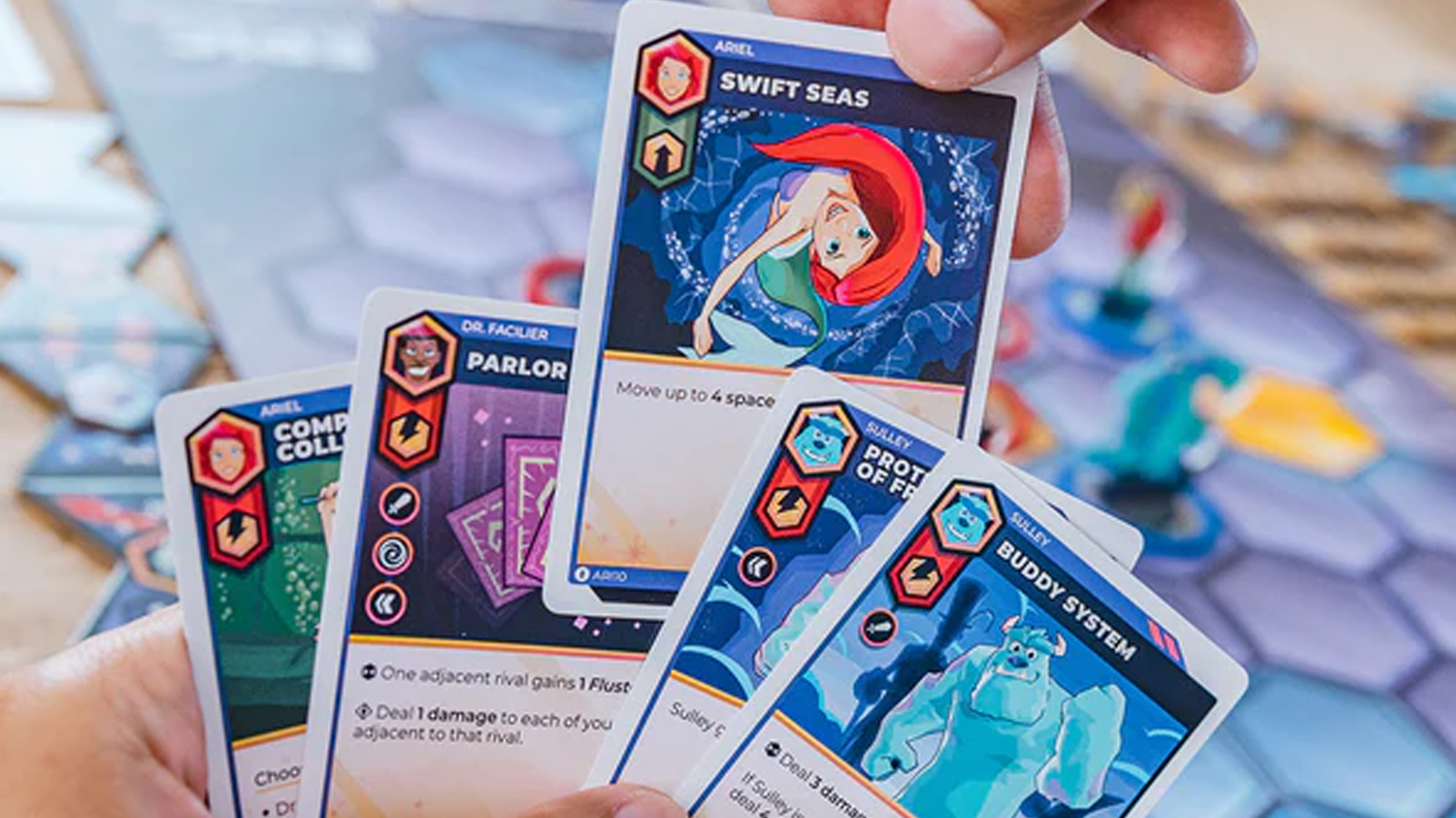 A close-up image of the cards for Disney Sorcerer's Arena: Epic Alliances.