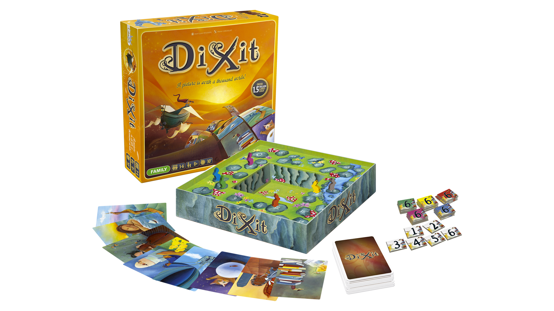 Dixit beginner board game box and components