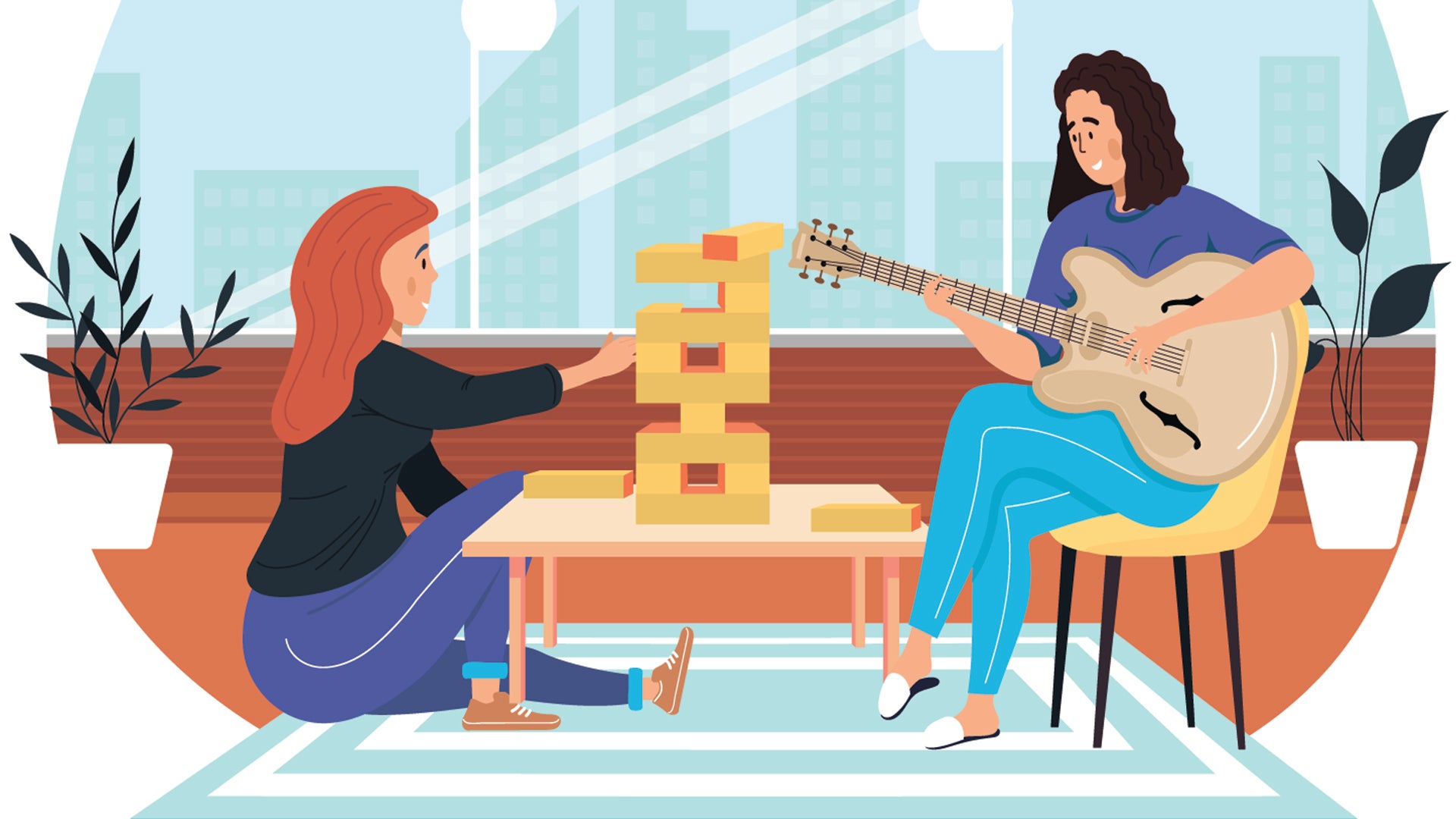 Friends playing a board game while one person plays a musical instrument