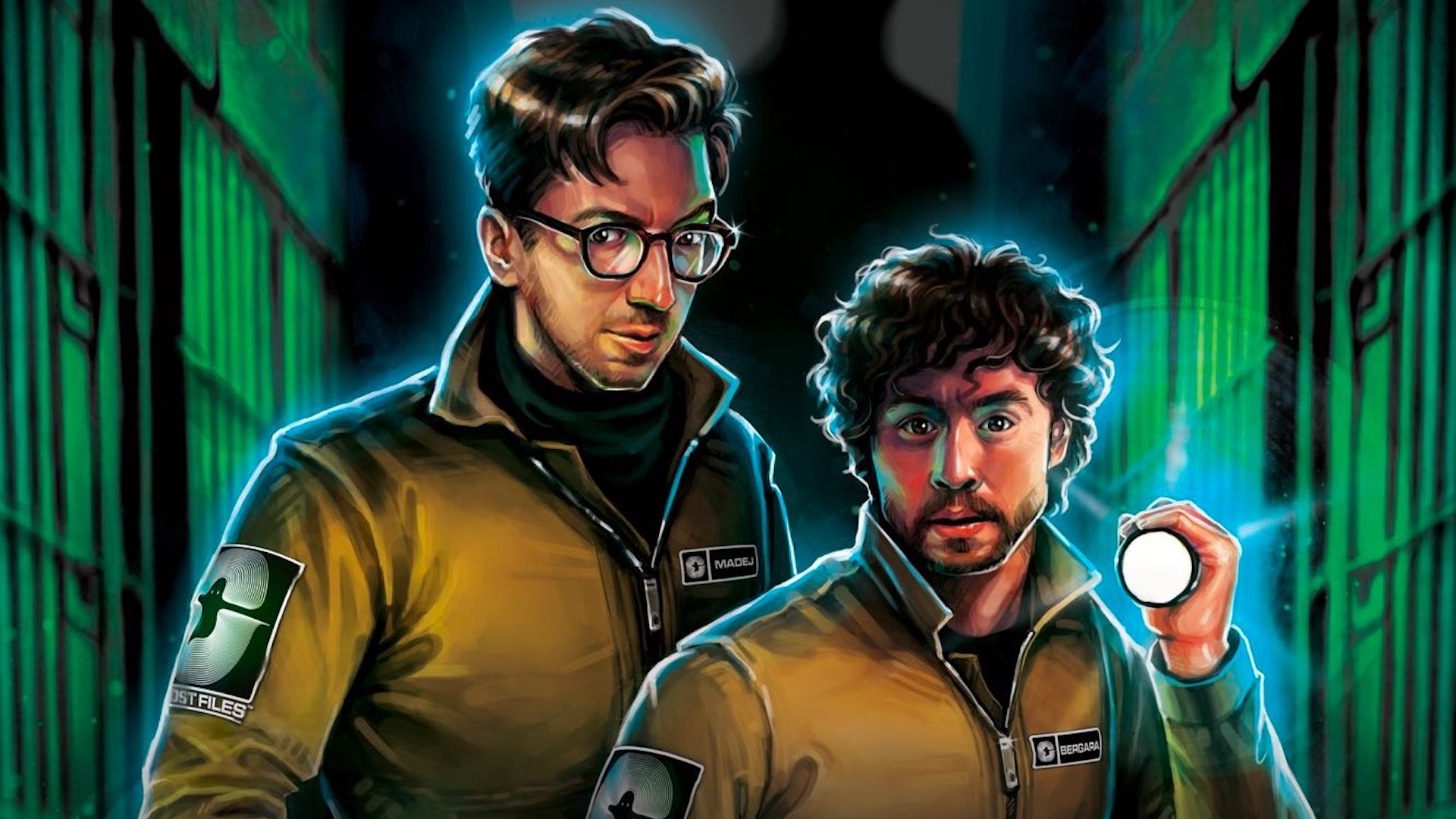 An illustration of Ghost Files hosts Shane Madej and Ryan Bergara.