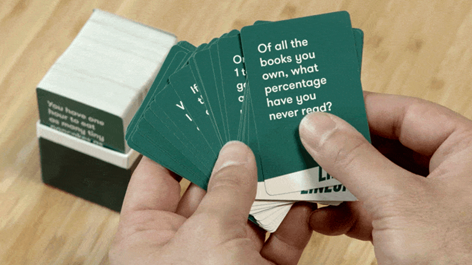 A close-up image of question cards from Lineup: The Game.