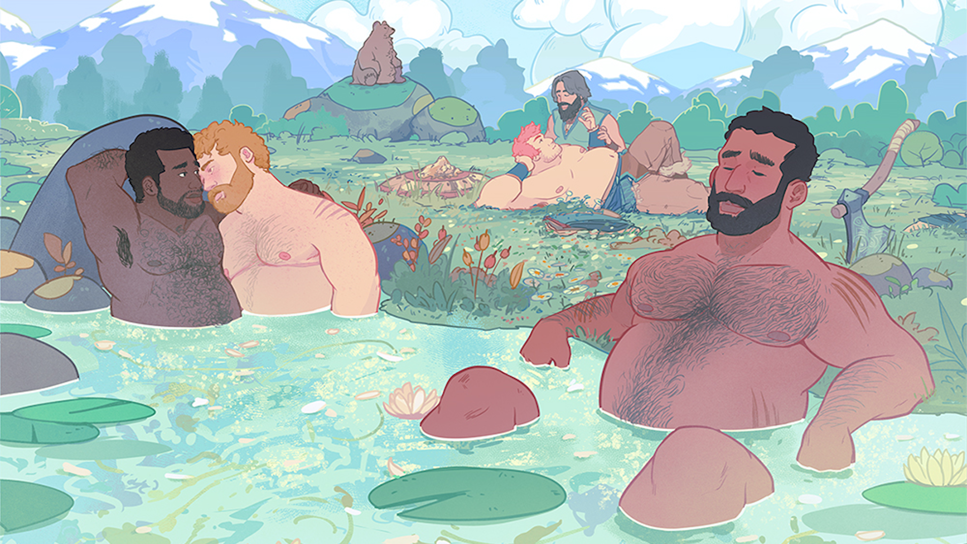 Several large men with beards, along with one actual bear, relax in a mountain valley pool.