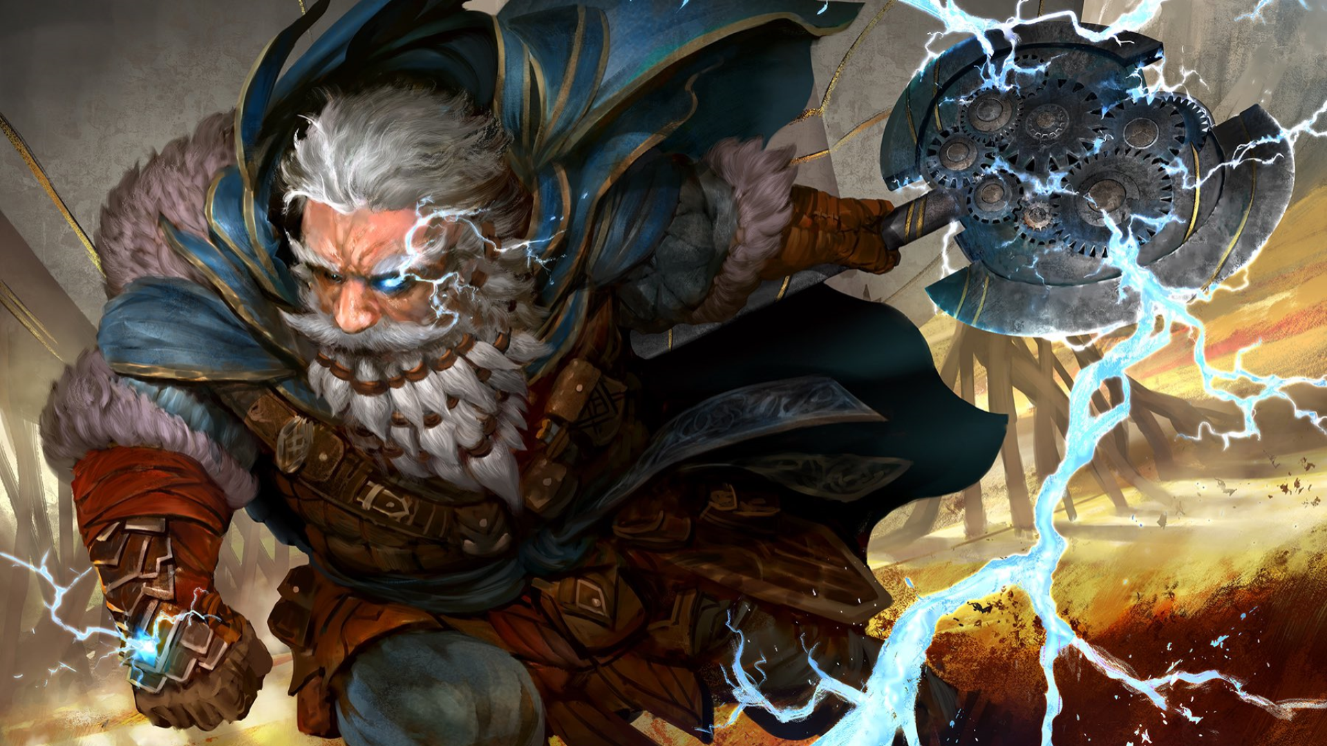 Art for MTG card Electrostatic Infantry from Dominaria United. A bearded warrior rushes into battle wielding an axe with gears at its core and lightning coursing off it.