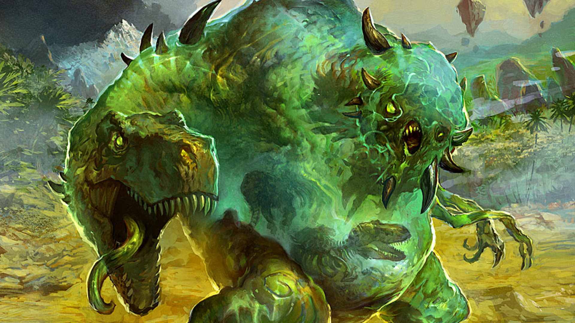 Artwork of The Mimeoplasm card from Magic: The Gathering. A translucent green slime with a T-Rex for an arm and multiple skeleton swirling in its form trudges across a field.