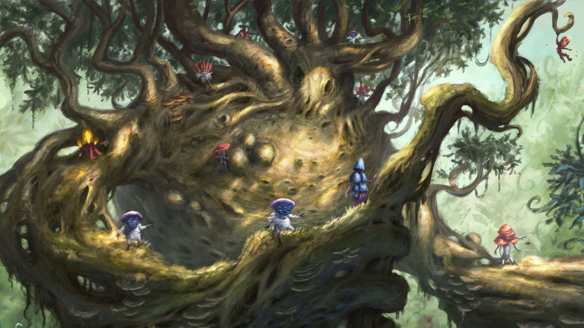 Art for MTG card Mossbeard Ancient from Dominaria United. A living tree strolls through the forest while tiny blue fungus humanoids crawl along its arm.