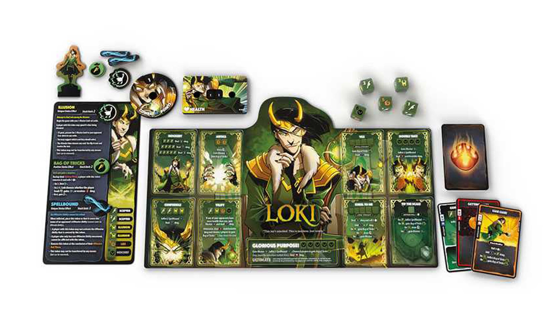 An image of the components for Loki for Marvel Dice Throne.