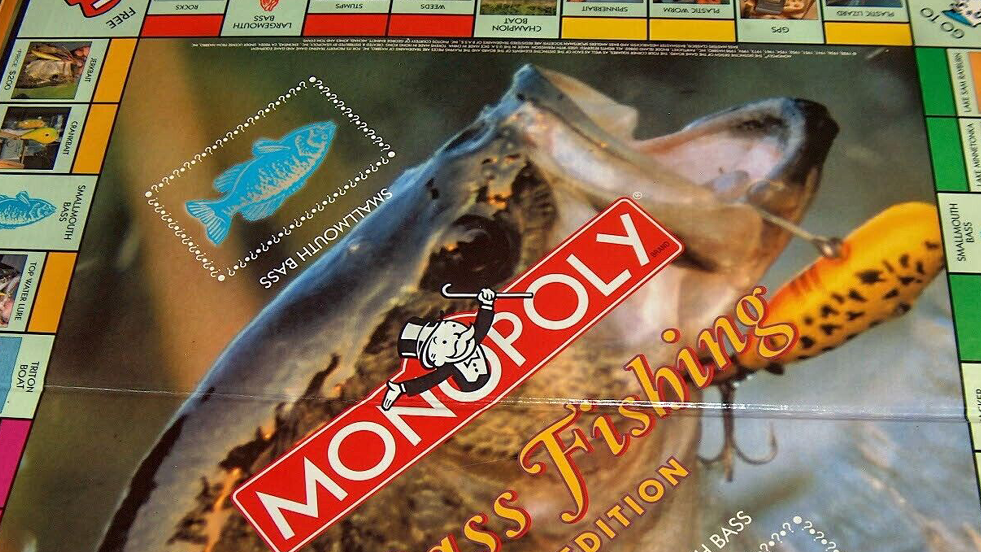 The board for Monopoly: Bass Fishing Edition.