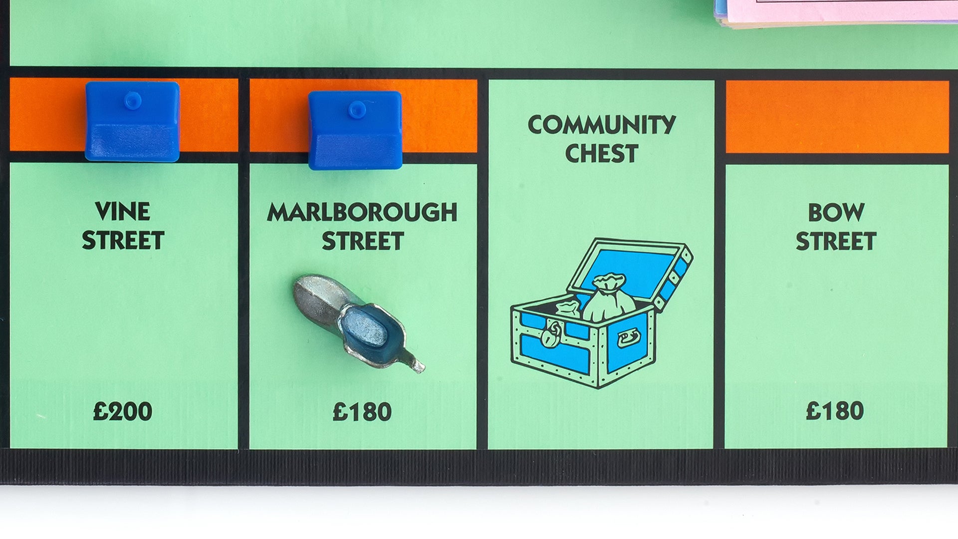 The orange street within Monopoly: Vine Street, Marlborough Street and Bow Street