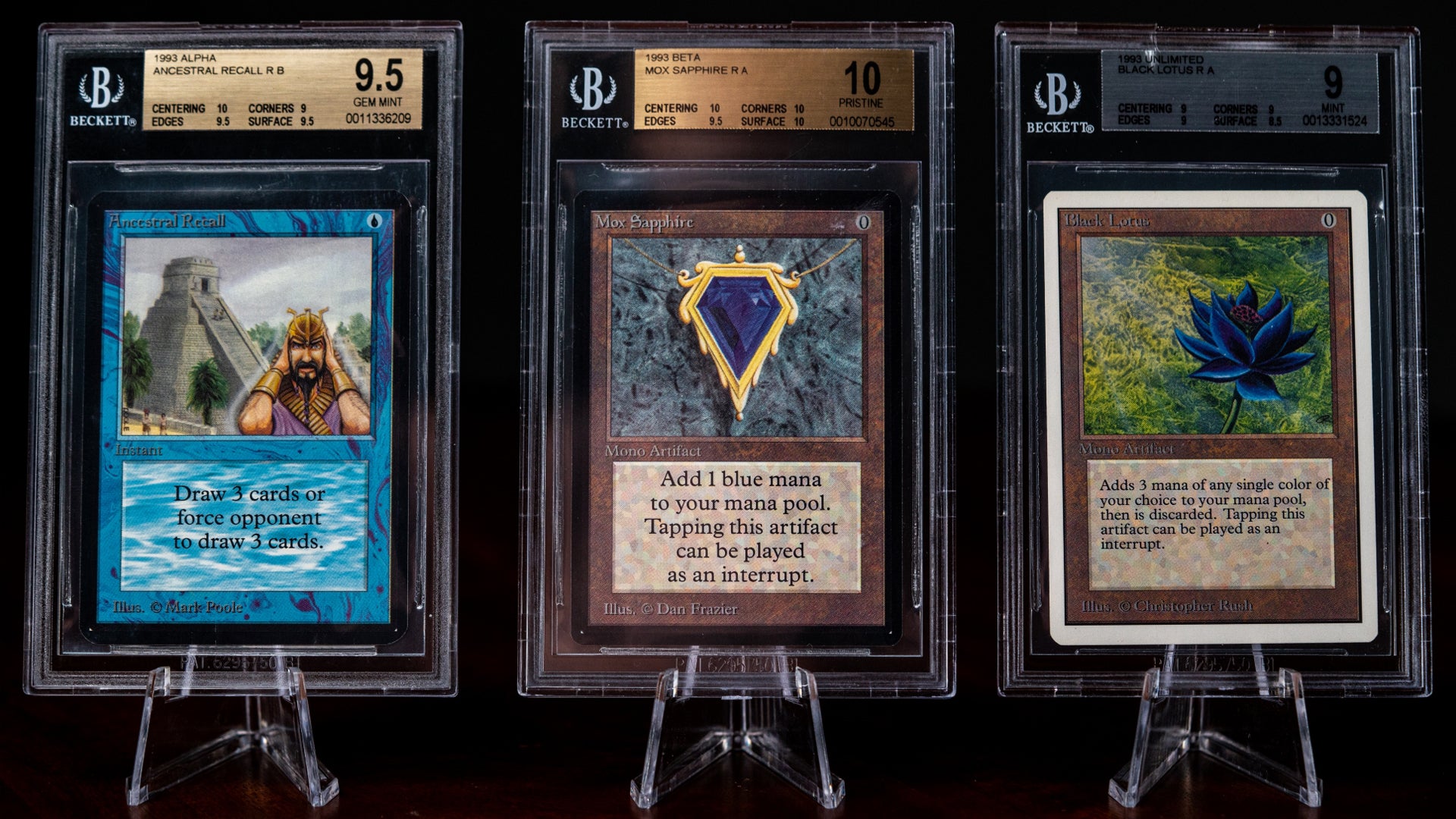 Magic: The Gathering cards Ancestral Recall, Mox Sapphire and Black Lotus i...