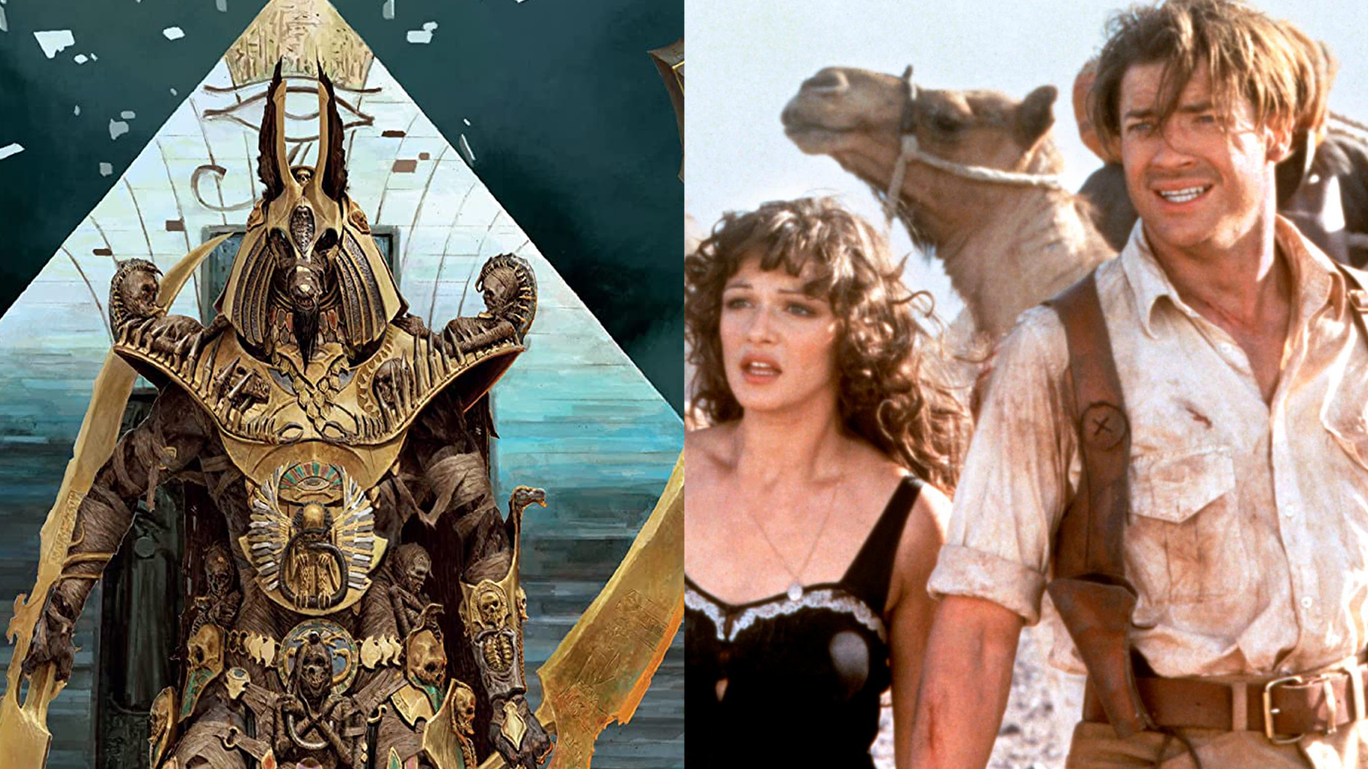 A screenshot from The Mummy (1999) and an image of the front cover of Ankh: Gods of Egypt.
