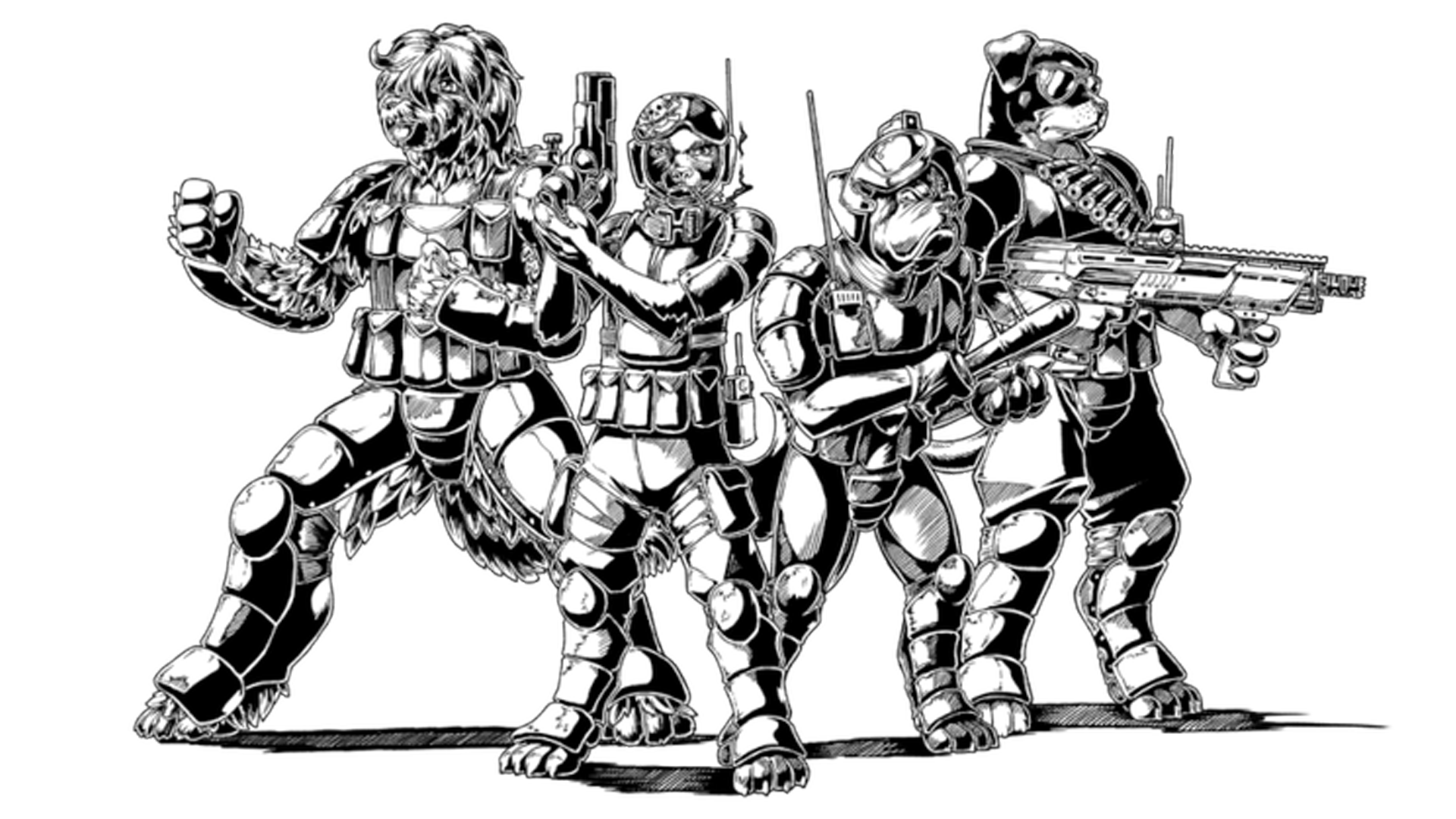 Artwork for Mutants for the Next sourcebook featuring a team of mutated animal soldiers