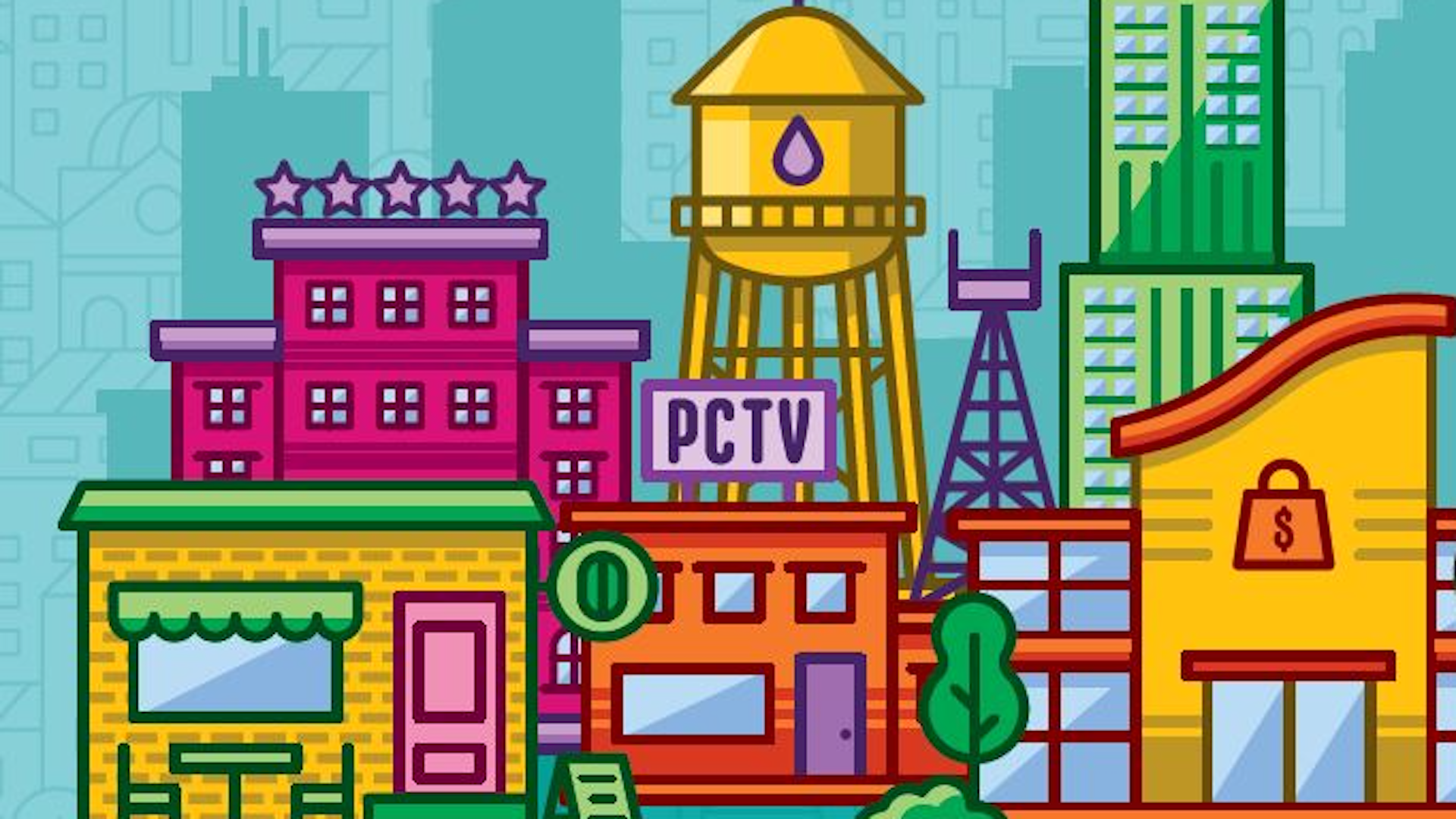 Part of the promotional artwork of Point City. Multiple boldly coloured building compose a 2D, flat cityscape, including a radio tower, water tower, bank and grocery store.