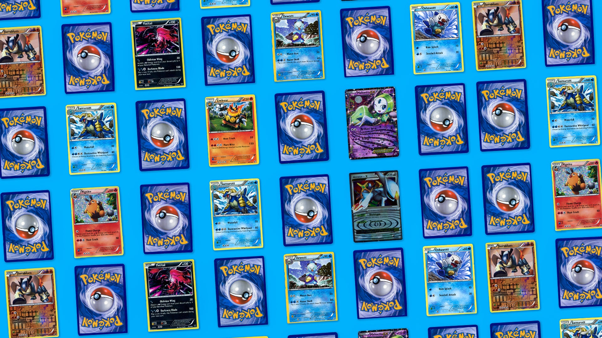 Pokemon cards arranged in a pattern, with both card fronts and backs visible