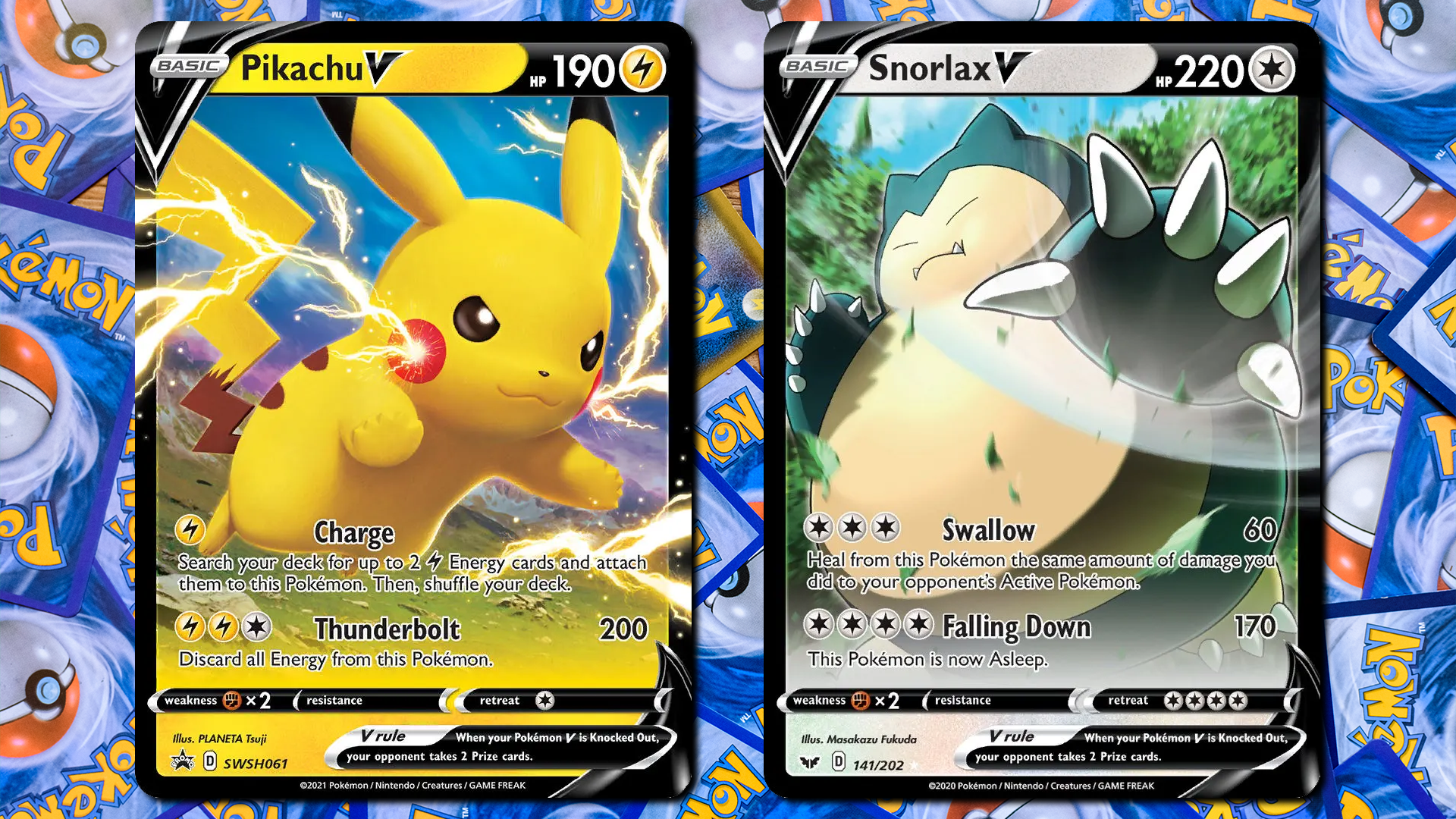 Jumbo Pikachu V and Snorlax V Pokémon cards on top of facedown Pokémon cards