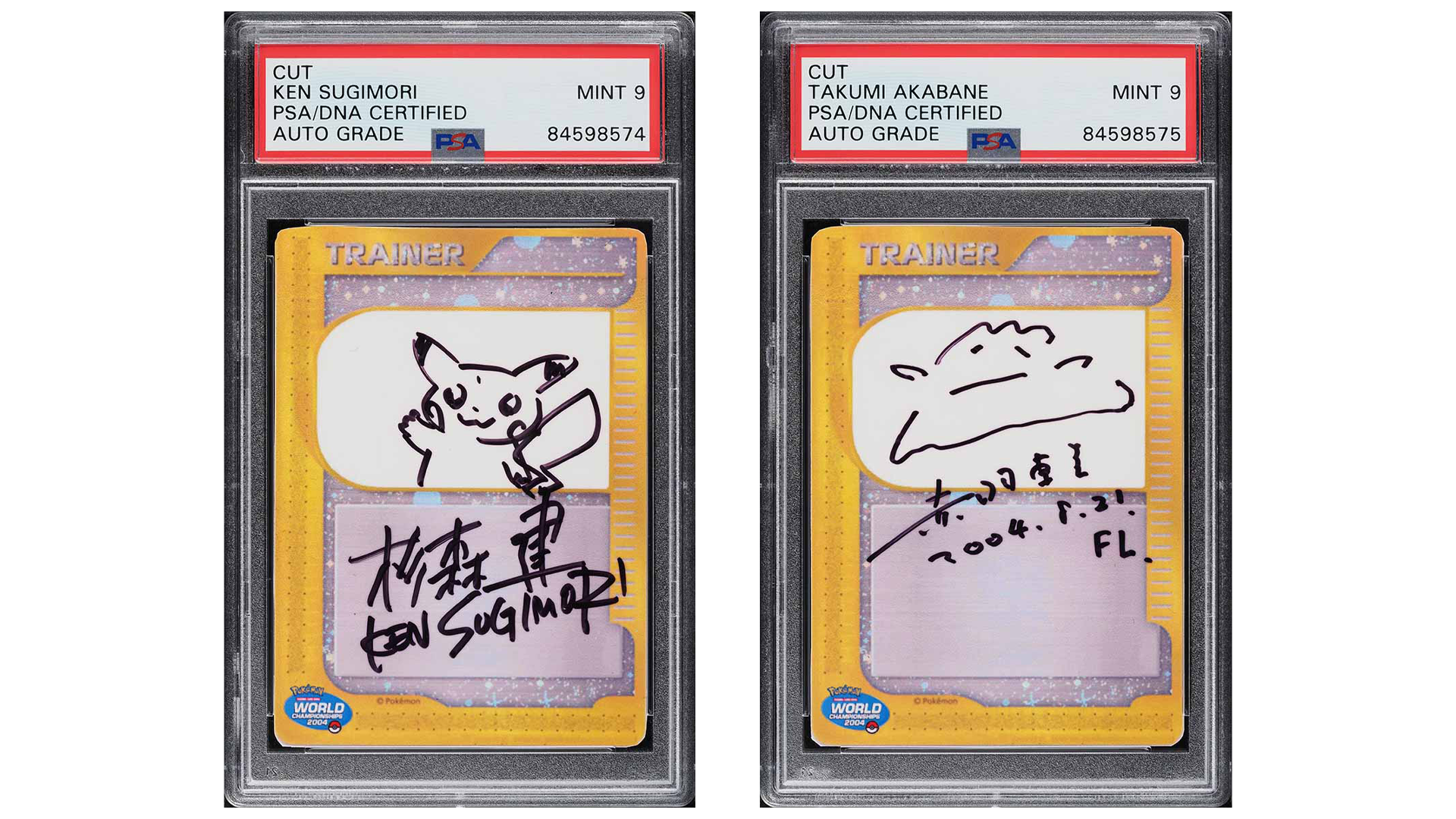 Images of Pokémon Trading Card Game cards autographed by artists.