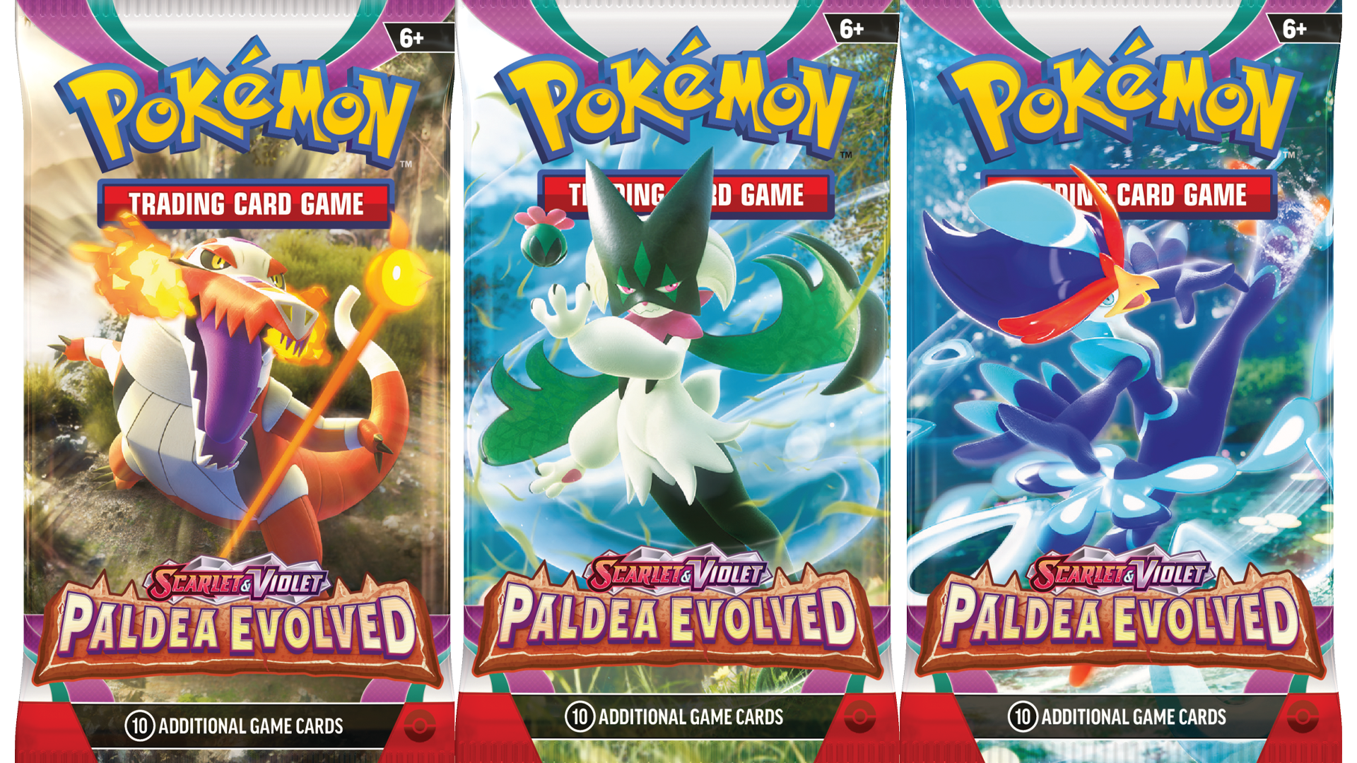 An image of some booster packs for Pokémon Trading Card Game expansion Scarlet & Violet: Pladea Evolved.
