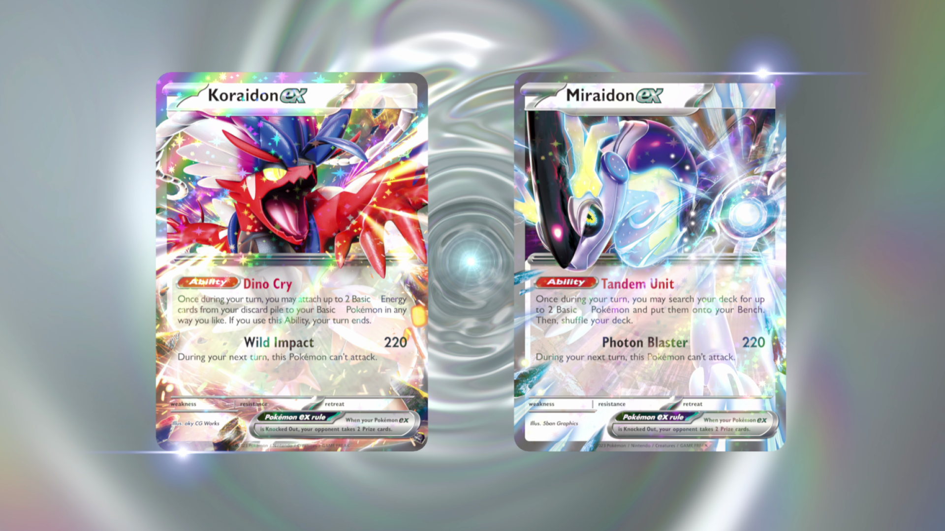 Koraidon-ex and Miraidon-ex from the upcoming TCG set for Scarlet and Violet