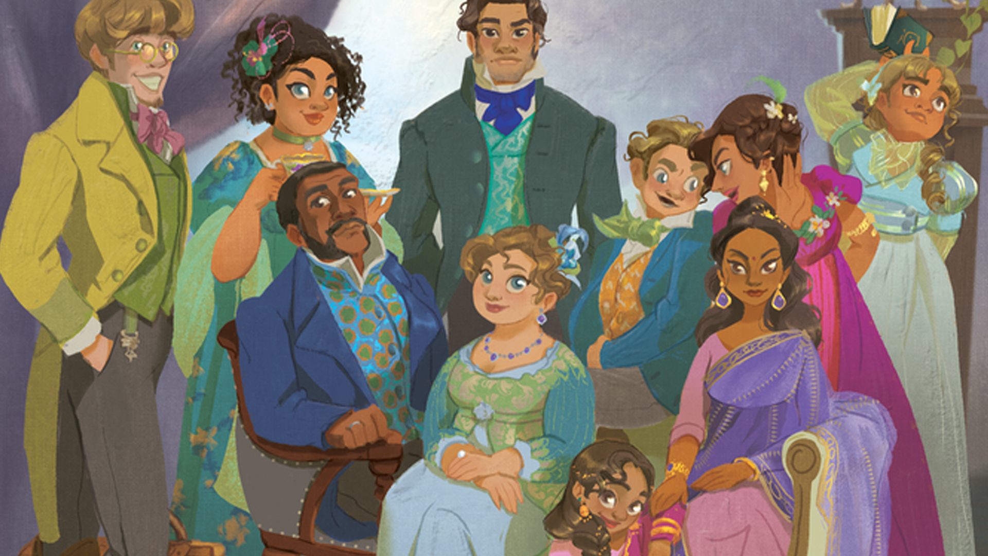 Artwork for Regency, featuring a collection of different characters wearing a variety of period-style outfits from different cultures.
