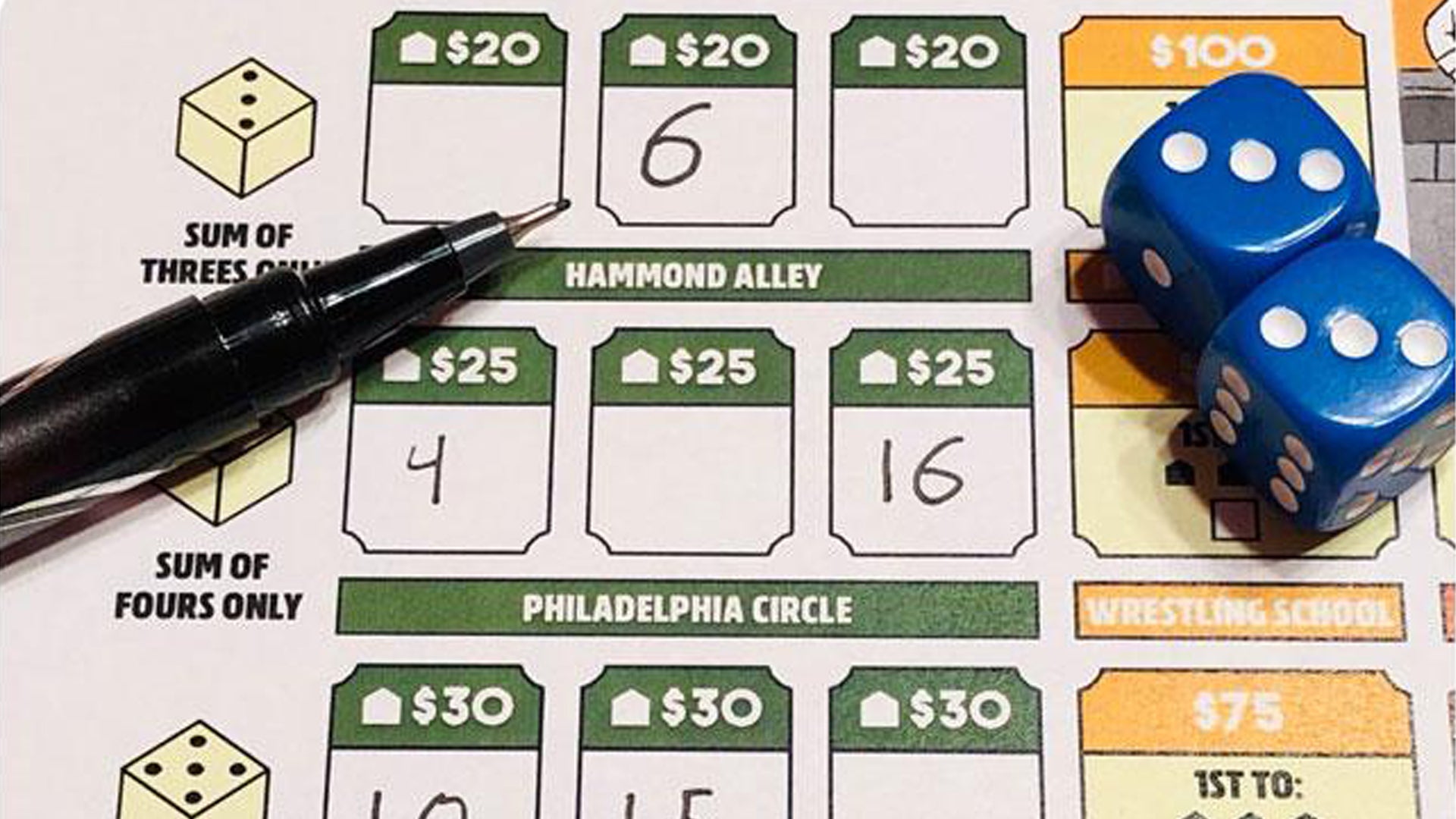 roll estate print and play board game page with dice