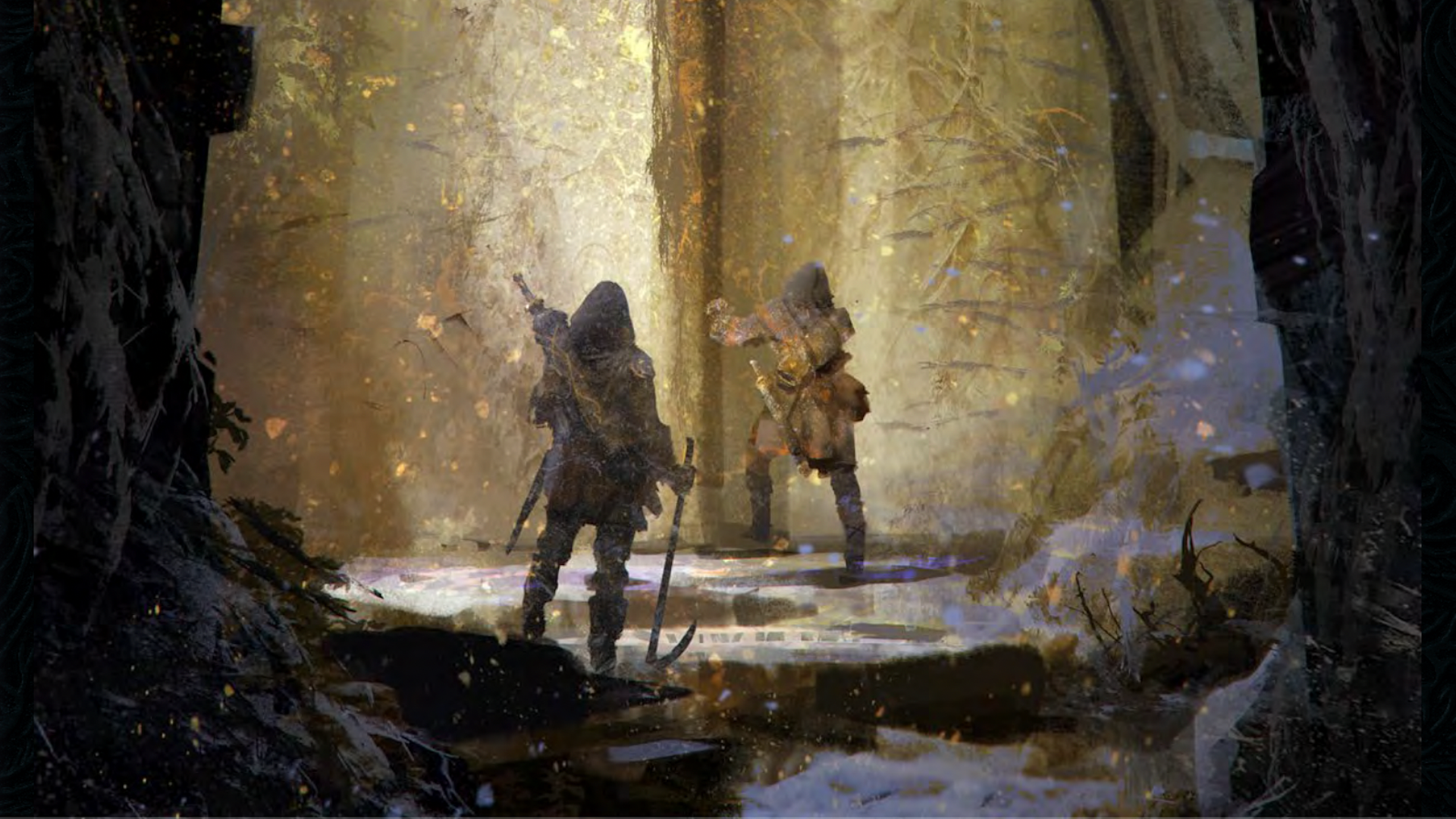 A pair of explorers ponder a ruin deep within the forest of Davokar, the central location of D&D 5E compatible TRPG, Ruins of Symbaroum.