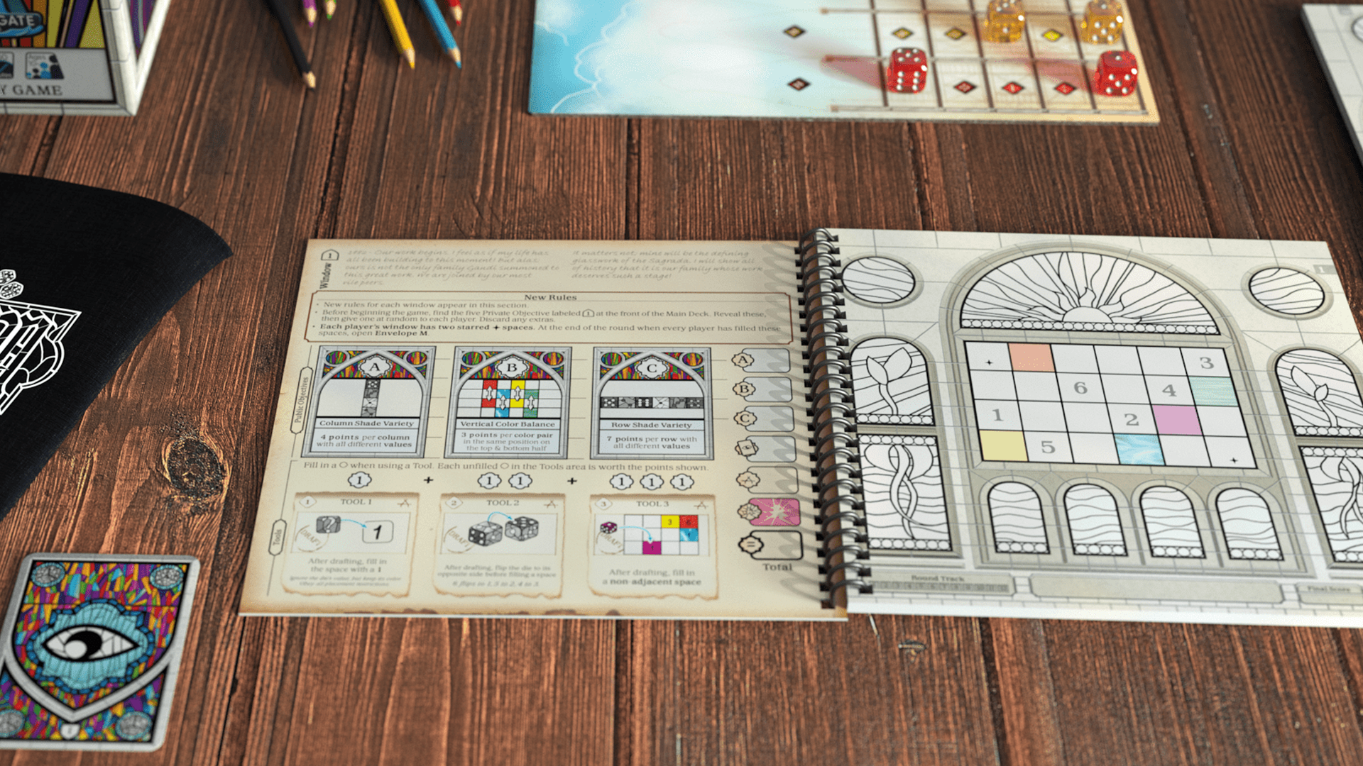 A layout image of the components for Sagrada: Artisans.