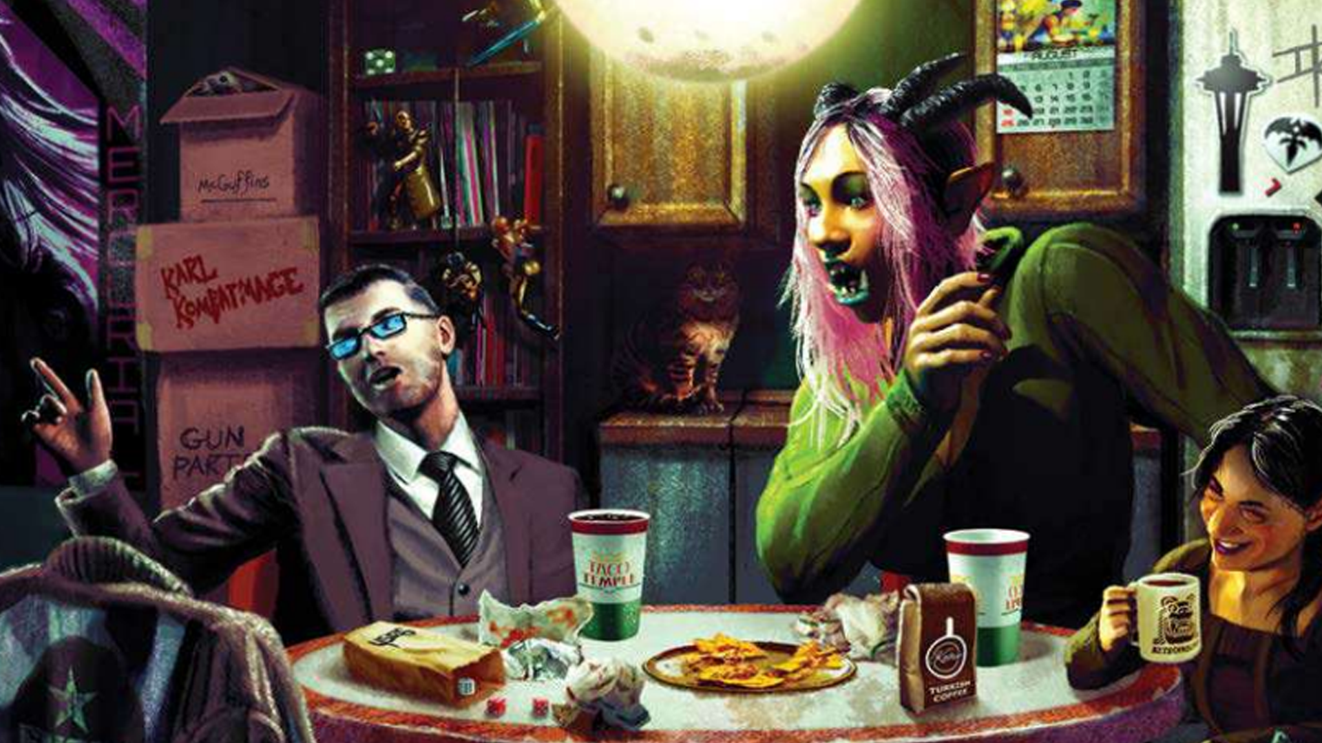 Some artwork from the Shadowrun 6th Edition core rulebook featuring some characters sat around a table.