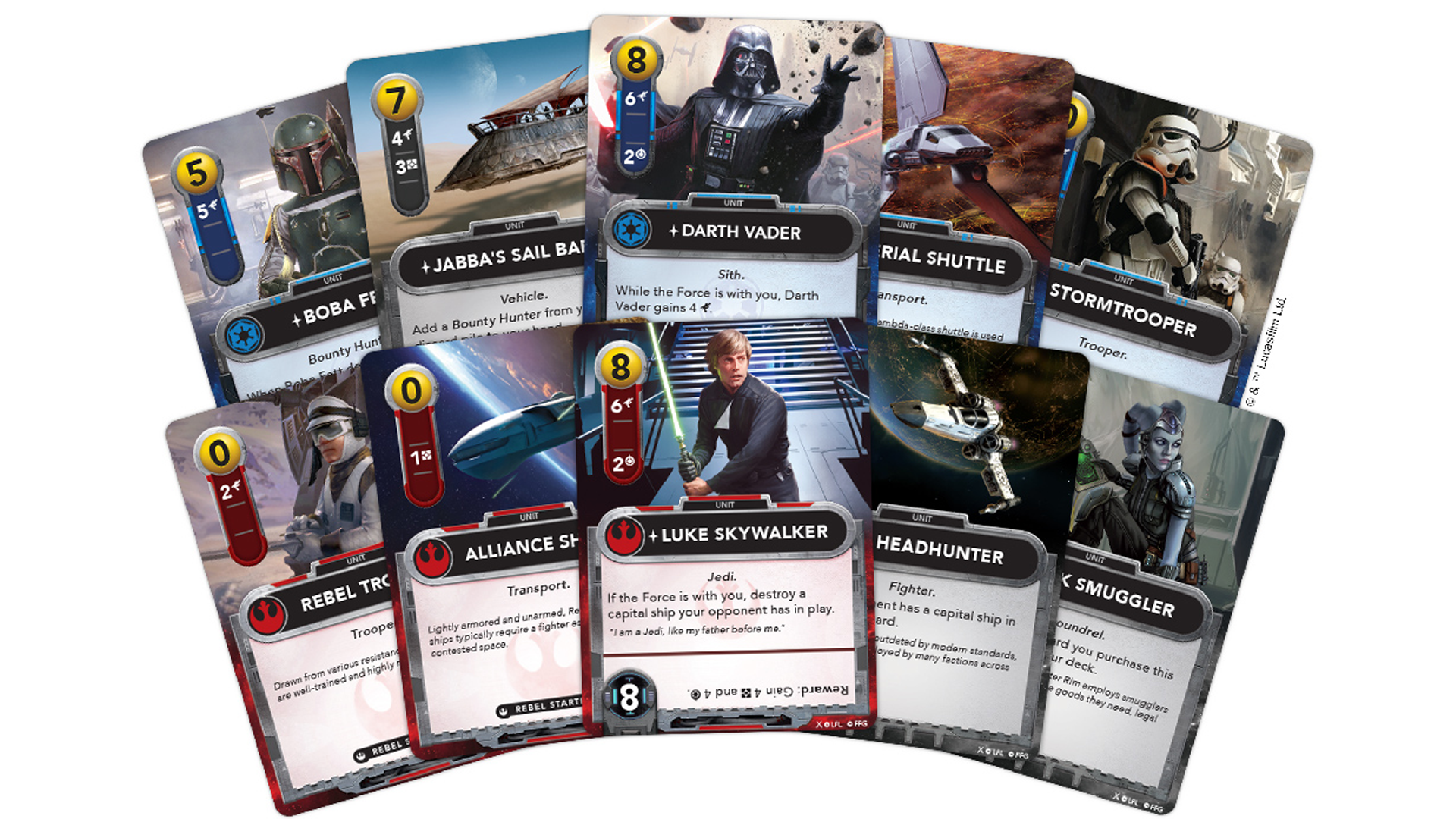 An image of some cards for Star Wars: The Deckbuilding Game.