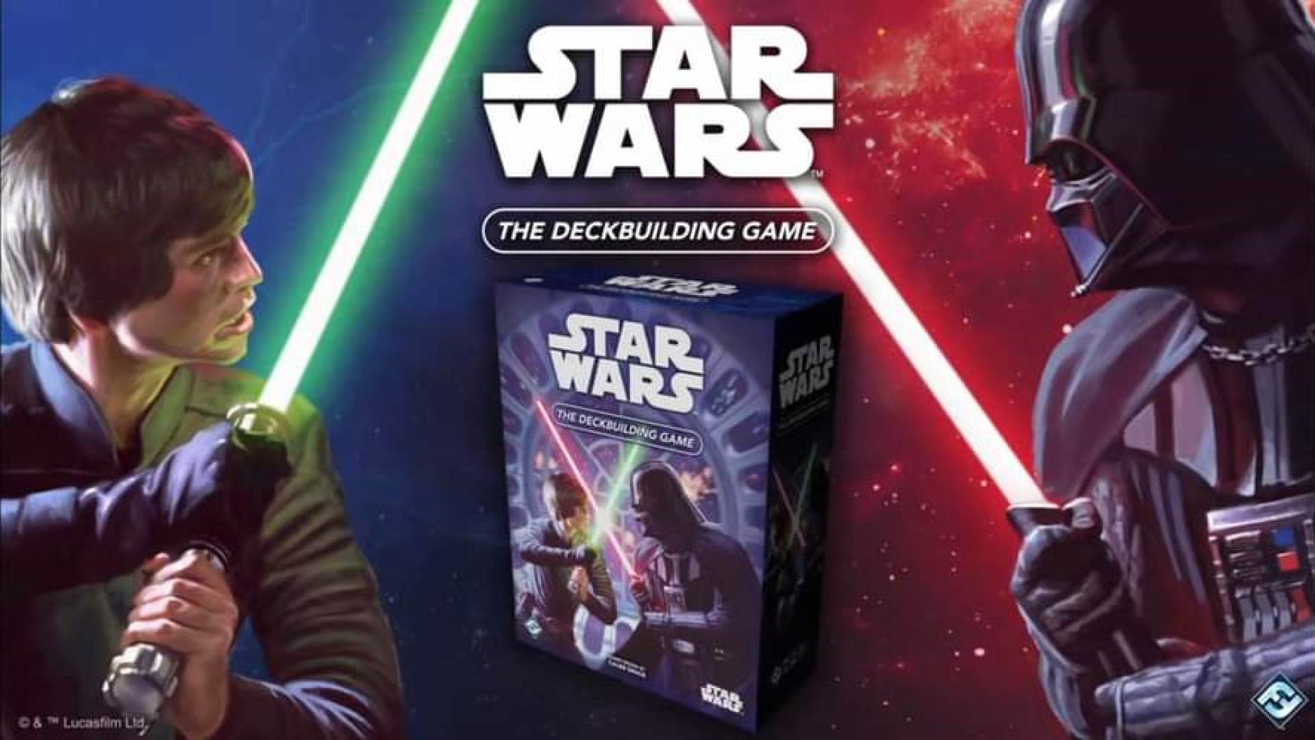 Luke Skywalker and Darth Vader face each other with lightsabers drawn across a mockup for the upcoming competitive Star Wars deckbuilding game.