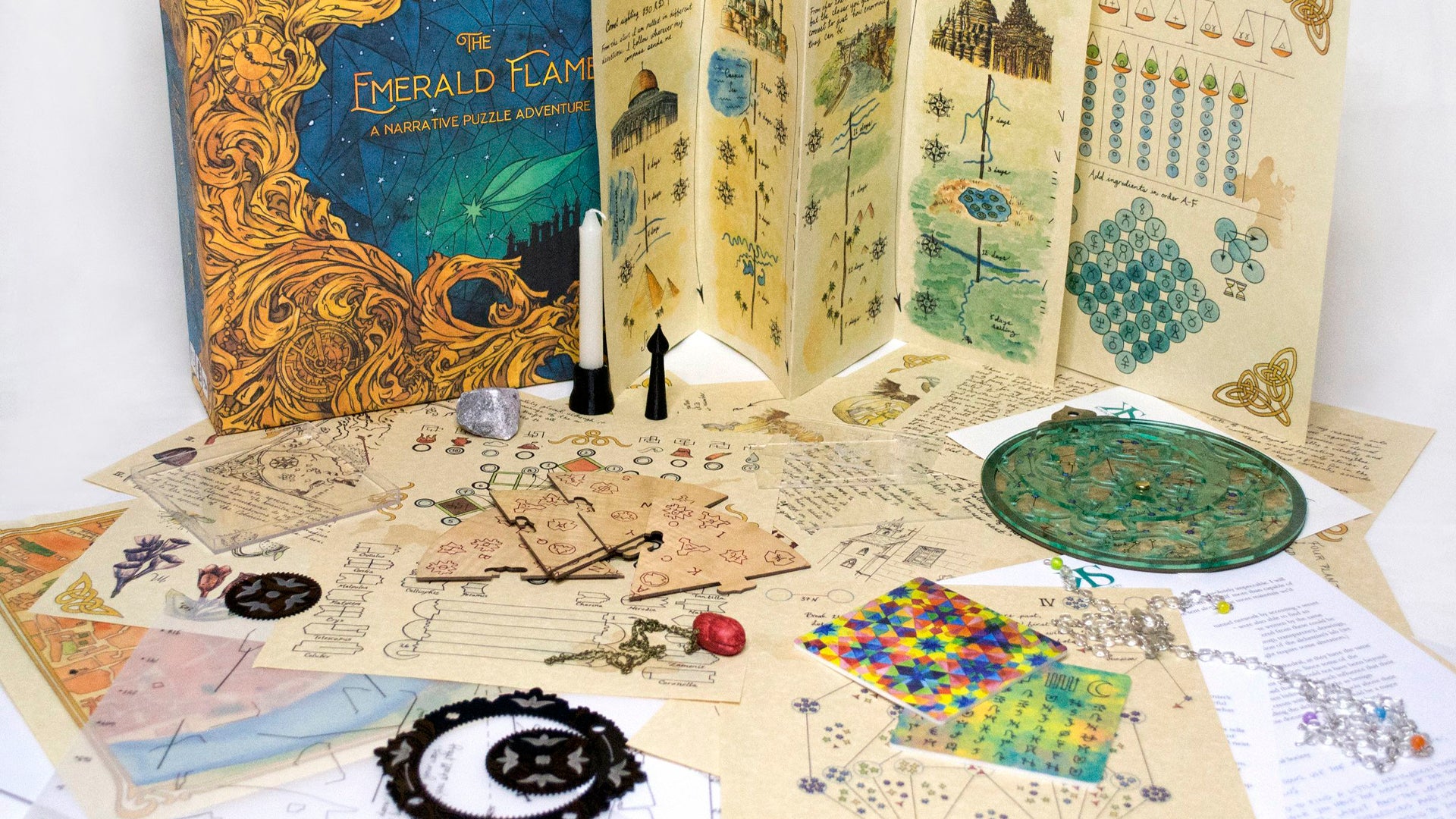 The Emerald Flame board game components