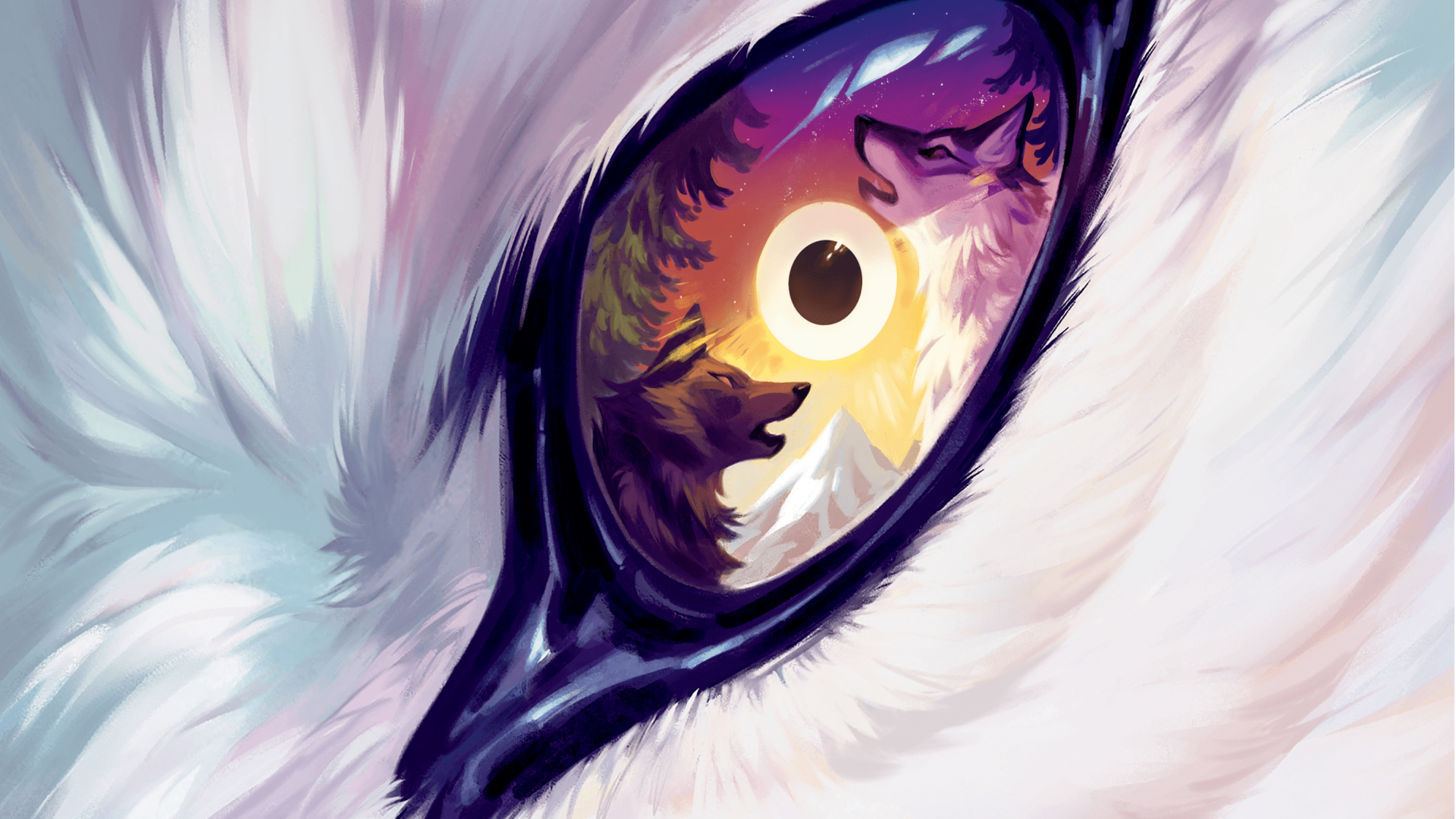 The fierce eye of a white wolf reflects two more howling against the setting sun. This is the box art for The Wolves, a strategy board game due out in October 2022.