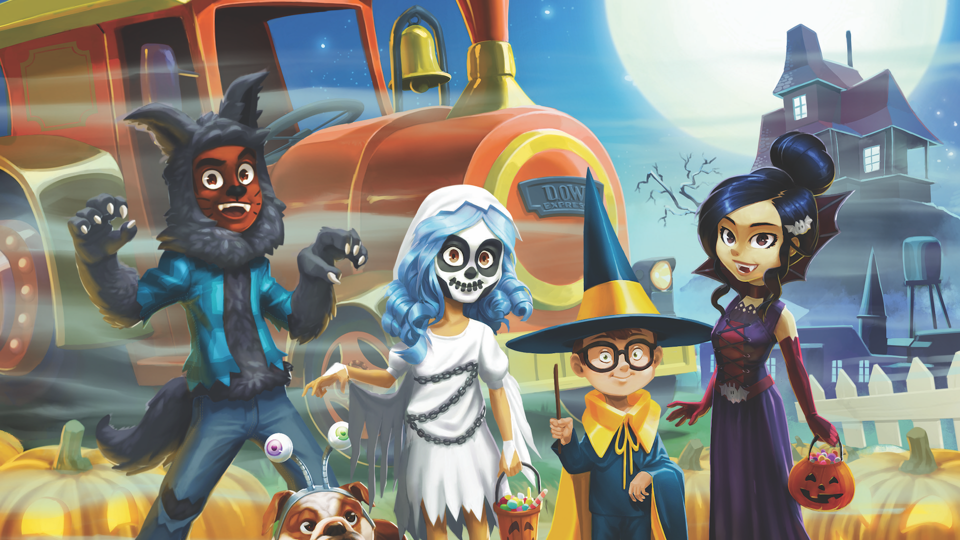 Box art for Ticket to Ride: Ghost Train, featuring a group of youngsters in monster costumes as they prepare to trick their neighborhood and earn plenty of treats.