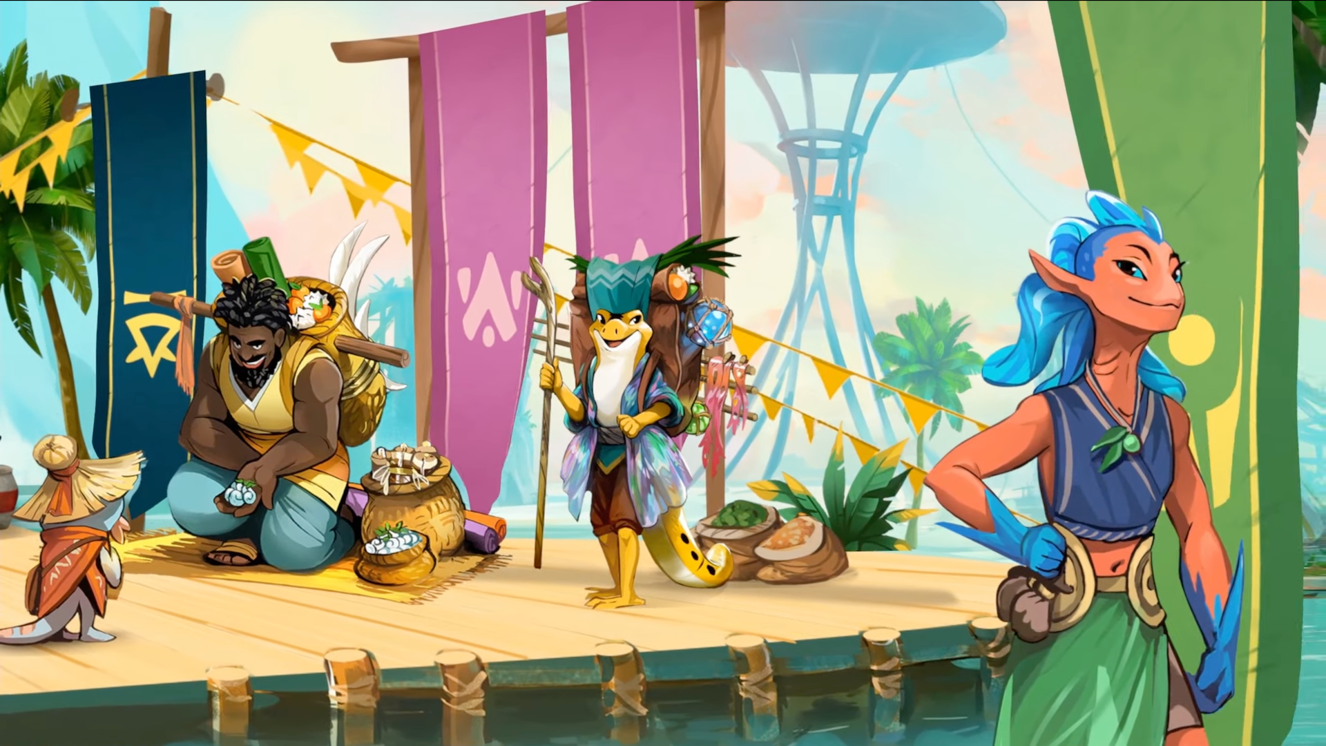 Human, reptilian and amphibious merchants compete during the Banner Festival, which is the setting of an upcoming board game in the Tidal Blades series.